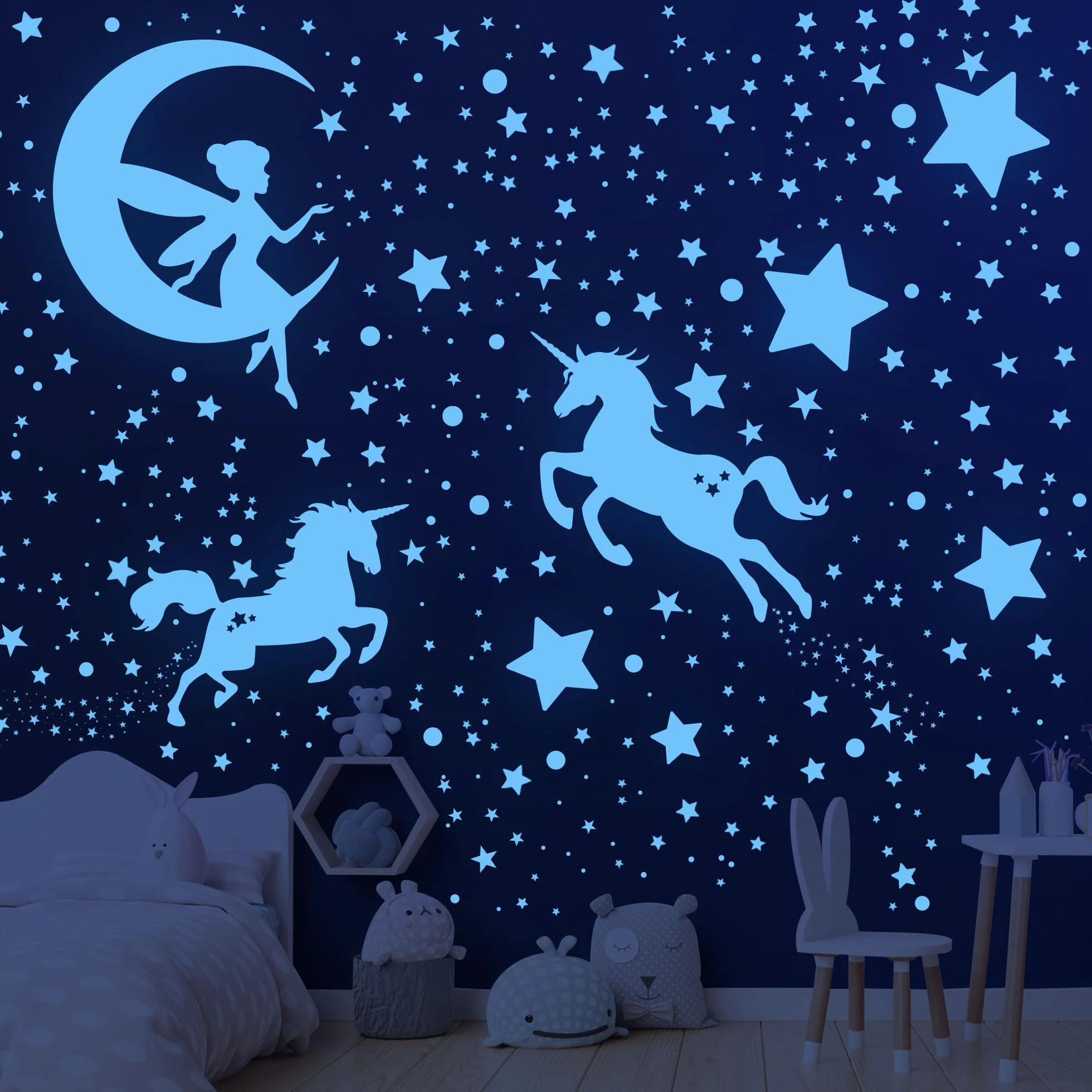 Adesivi Murali Fluorescenti Unicorno Stelle 585 Pezzi per Cameretta Bambine Soggiorno