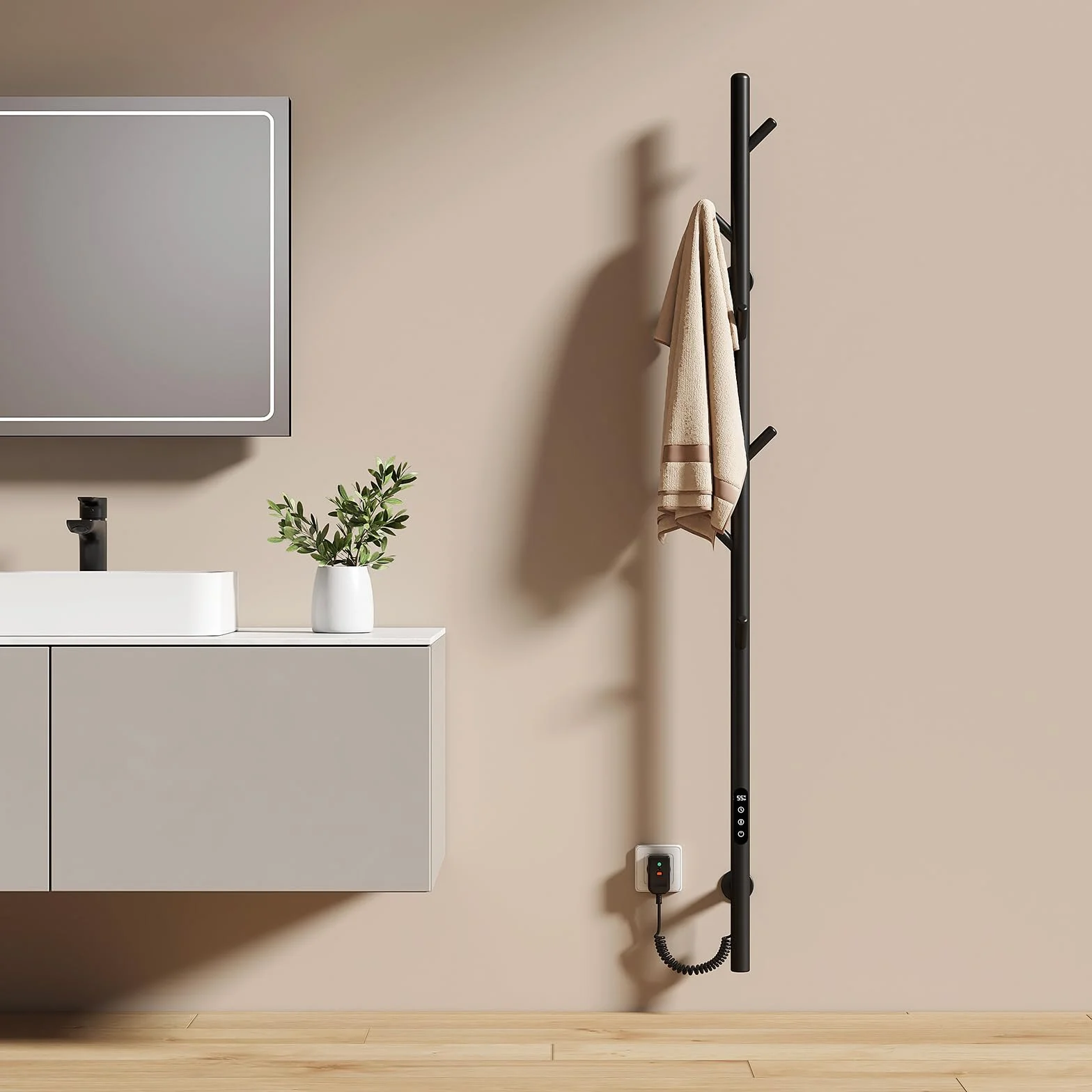 EMKE Scaldasalviette Elettrico da Bagno, Portasalviette Riscaldato con 6 Ganci, Nero