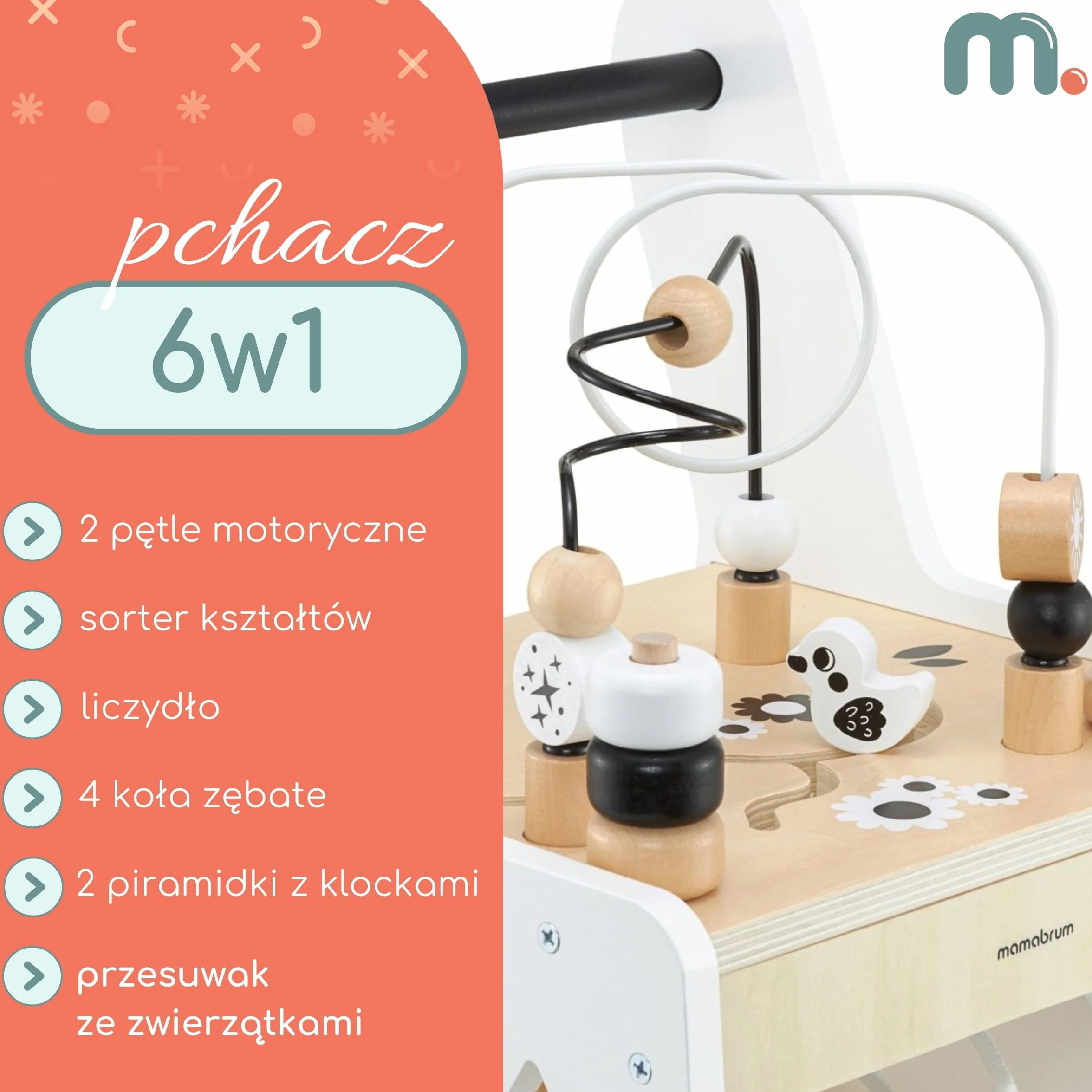 Mamabrum Primi Passi 6 w 1 Spintore Legno Tavolo Didattico Giochi Bambini Abaco Loop Motorio 31x28x49cm