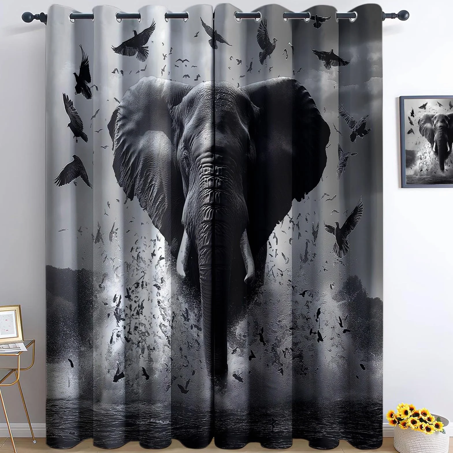 Zasłony Termiczne 140x260 cm Set 2 – Antirumore, Anti-Luce, Elefanti Uccelli, Szary