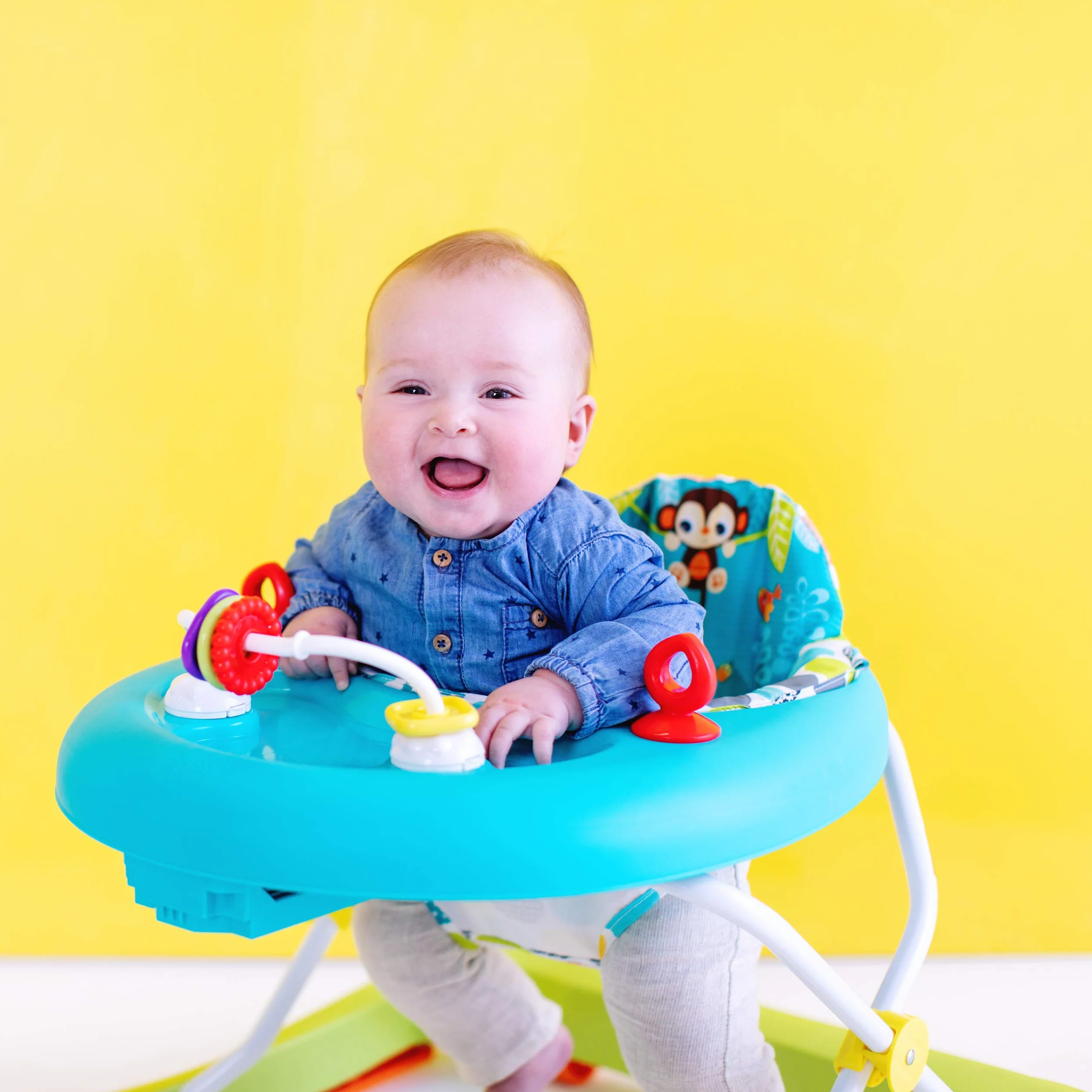Bright Starts Girello Pieghevole per Bambini Primi Passi Giggling Safari Regolabile in Altezza Sedile Rimovibile