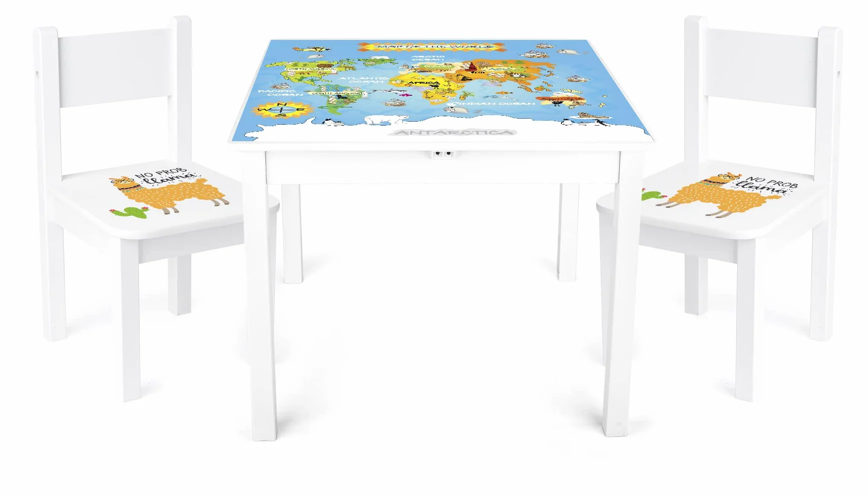 Leomark Tavolo e 2 Sedie in Legno per Bambini 60x60x49 cm, Set Stabile Mappa del Mondo