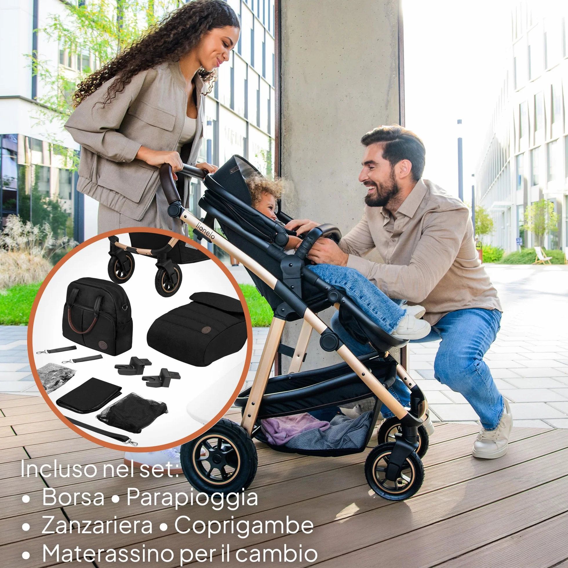 LIONELO Amber Passeggino Trio 3-in-1 0-22 kg Pieghevole Regolabile Ruote Grandi Cappotina XXL