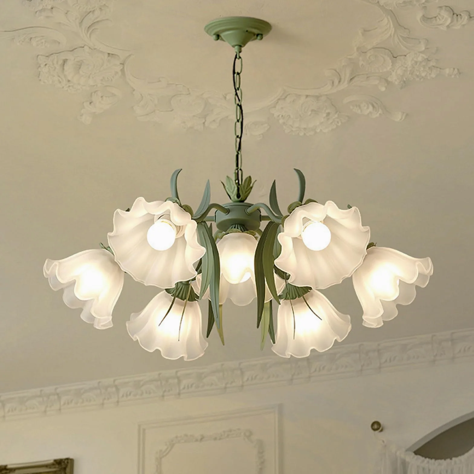 Lampadario Moderno in Stile Europeo, lampadario Floreale Pastorale, Lampada a Sospensione in Vetro a Forma di Fiore Bianco, Lampada a Sospensione in Ferro Rustico, Lampada a sospen