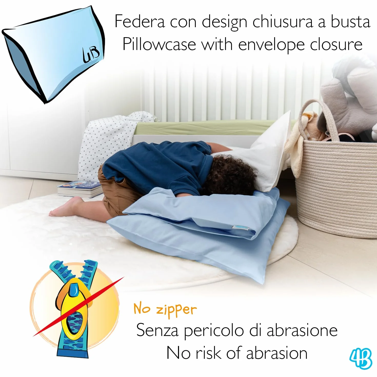 Federe Cuscino 40x60 Bambino Set 2 Puro Cotone Made in Italy OEKO-TEX Biancheria da letto Azzurro