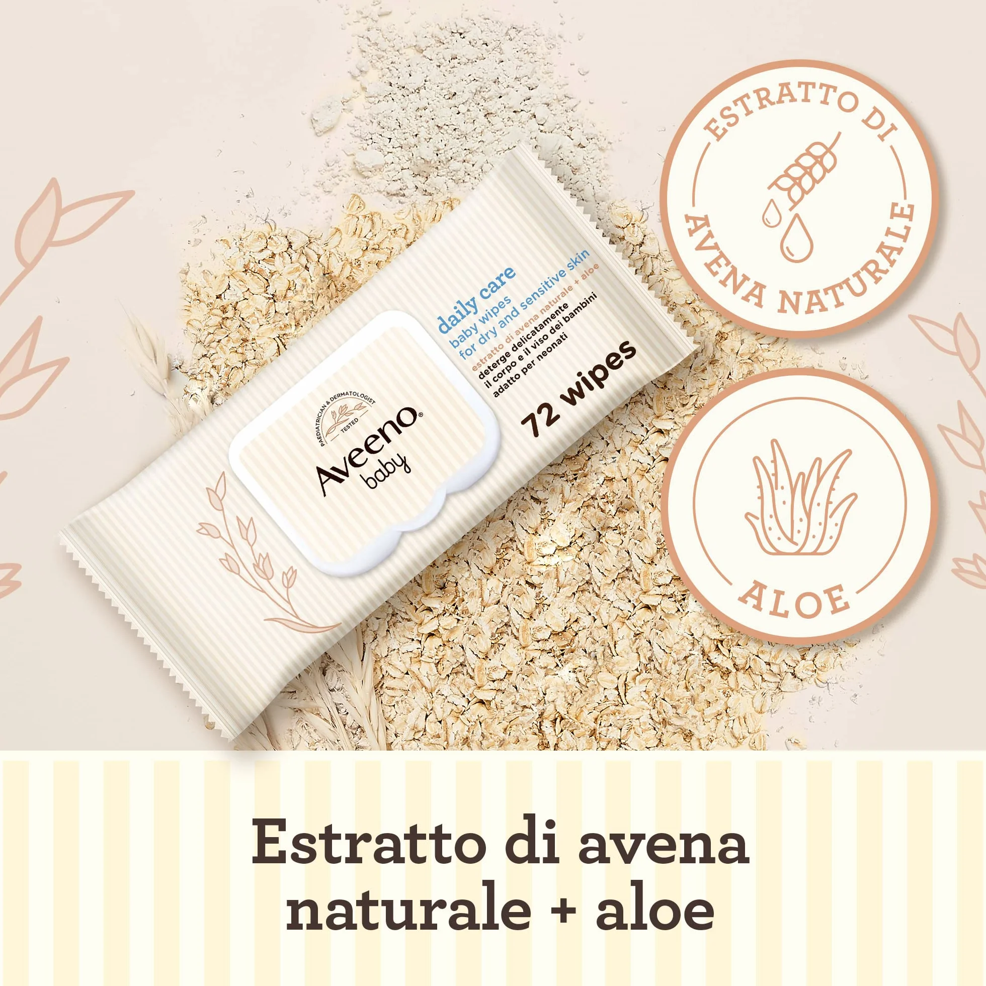 Aveeno Baby Daily Care Salviettine umidificate delicate neonati, Estratto Avena Aloe, senza profumo solfati alcol, 72 pezzi