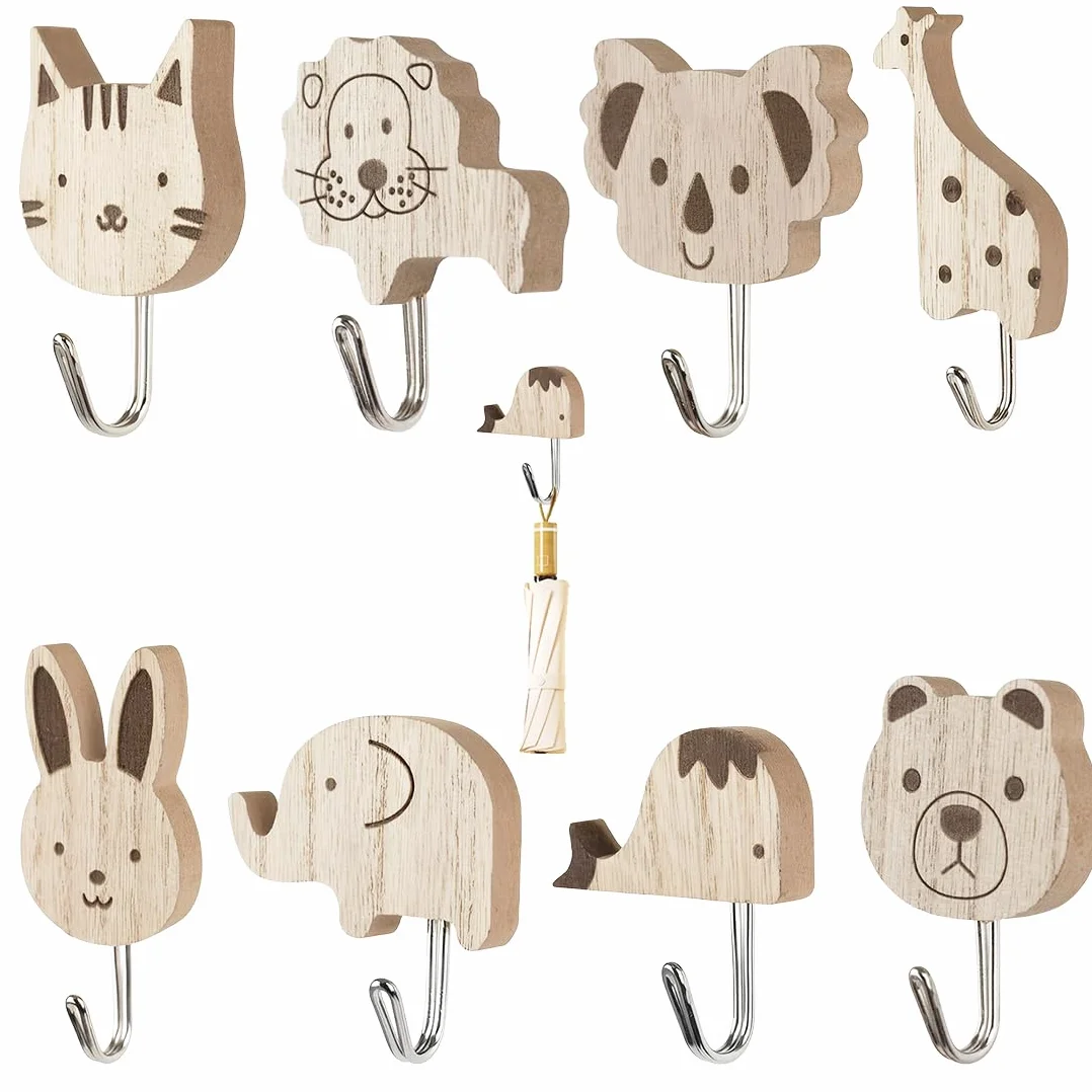Appendiabiti per bambini in legno set 8 ganci autoadesivi animali elefante balena gatto leone coniglio giraffa