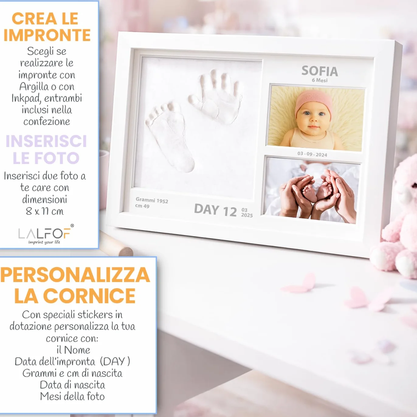 Lalfof® Cornice Impronta Mani e Piedi Neonati 2in1 con Nome, Kit in Argilla e Inkpad, Idea Regalo per Neonato