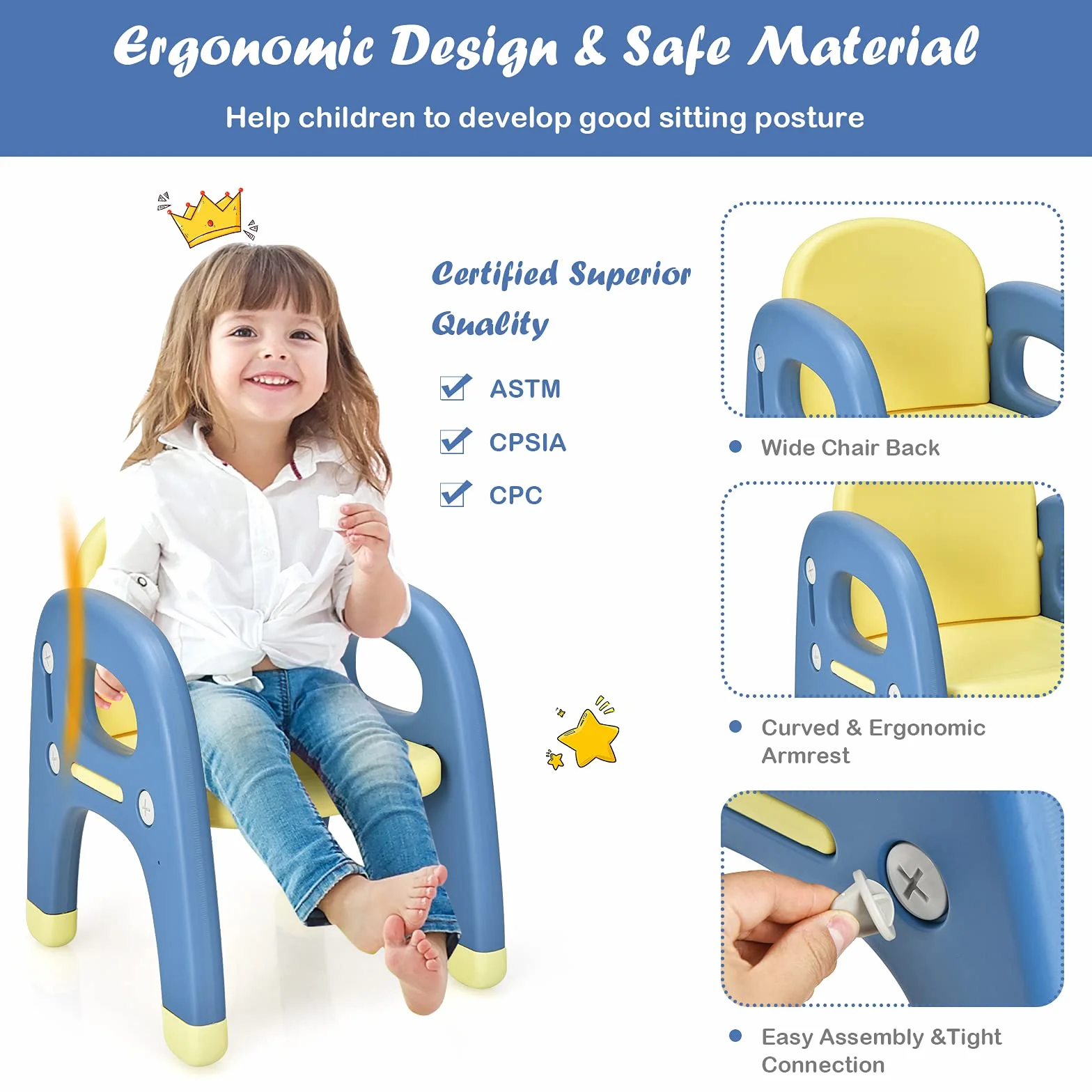 RELAX4LIFE Set Tavolo e Sedia per Bambini, Sedia a Forma di Dinosauro, Inclusi 3 Set di Costruzioni, Carico 30 kg (Blu)