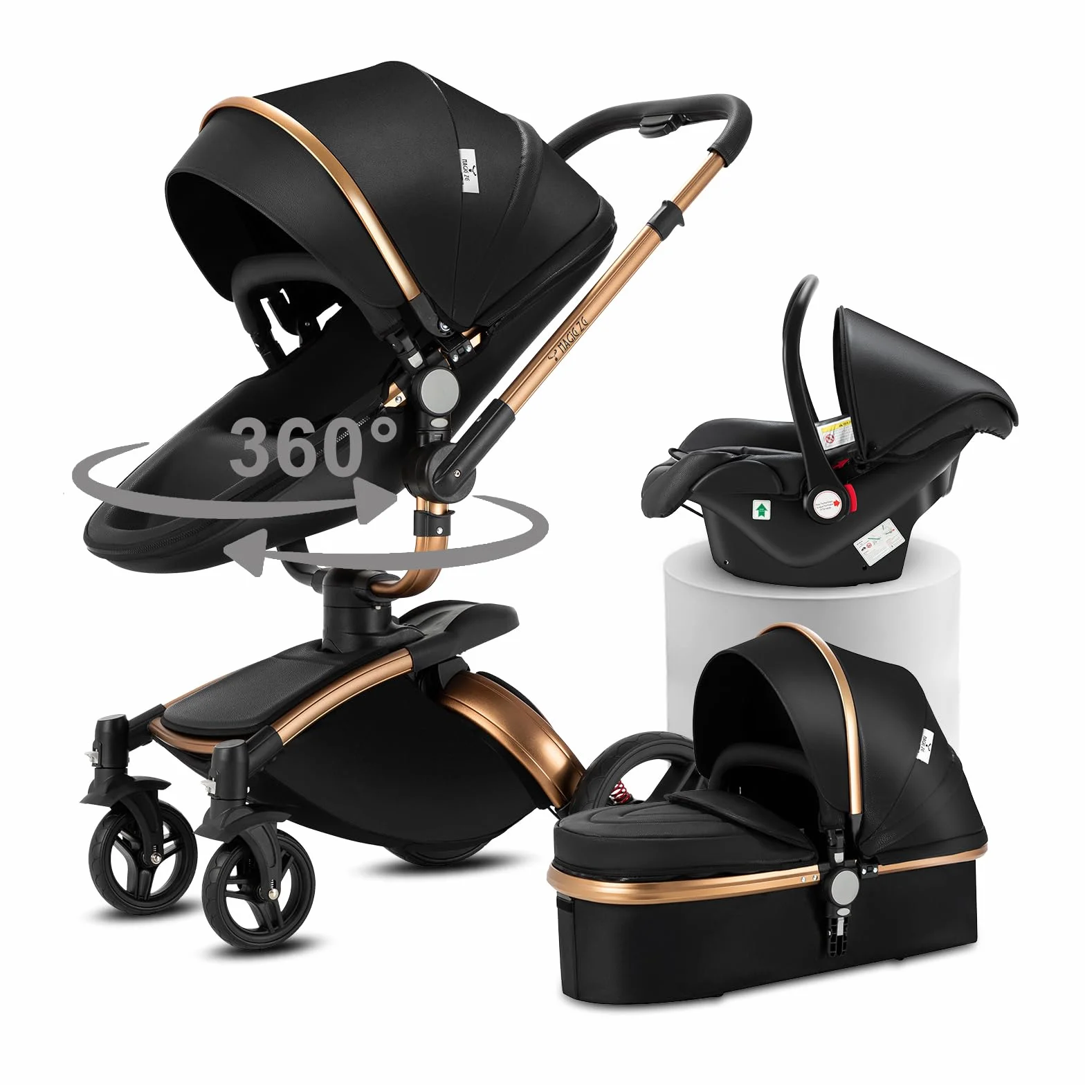 Passeggino Trio 3 in 1 360° Rotazione Pelle PU con Telaio Alluminio (906 Black)