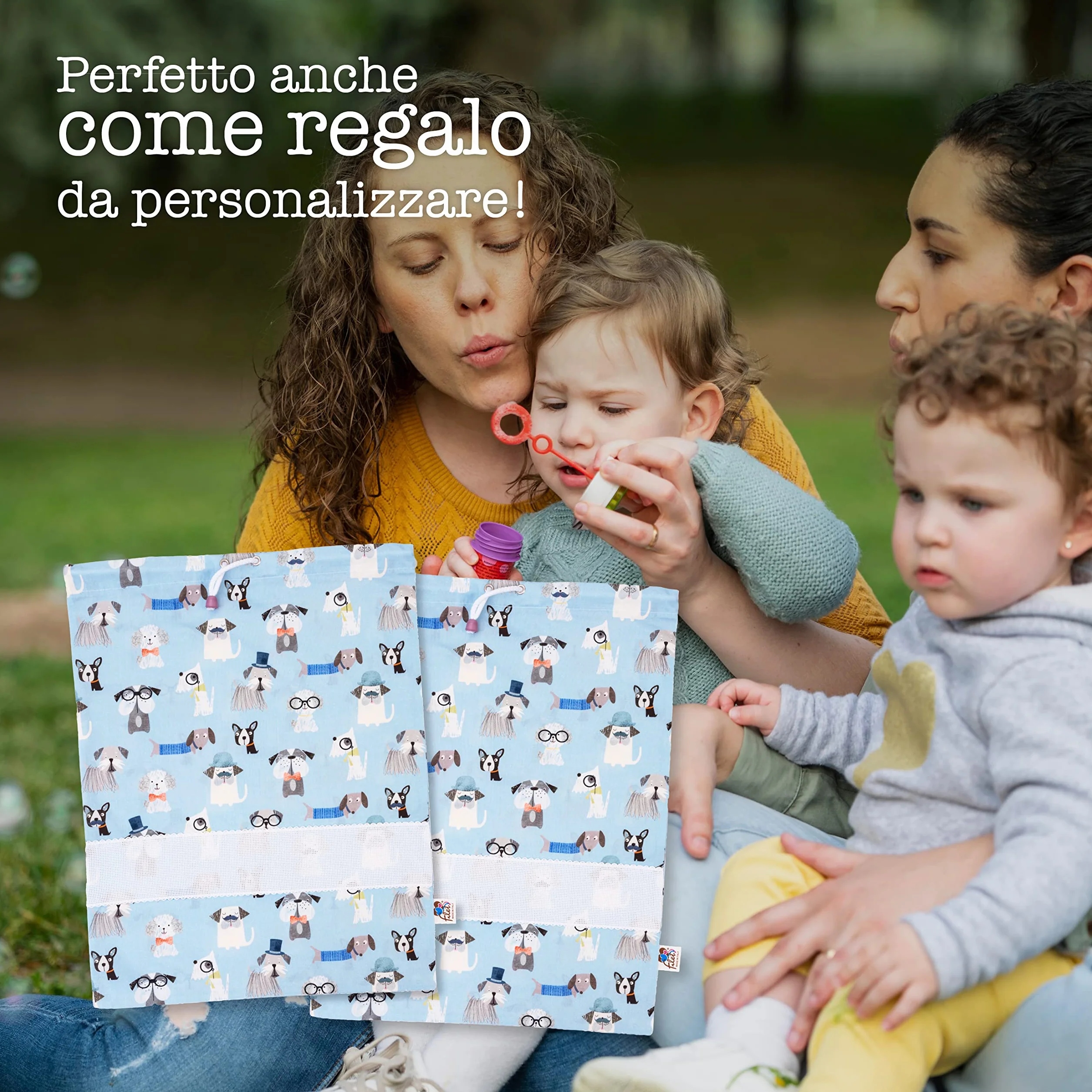 Set 2 Sacchetti Asilo in cotone stampato con inserto tela aida da ricamare 42x34 cm Made in Italy
