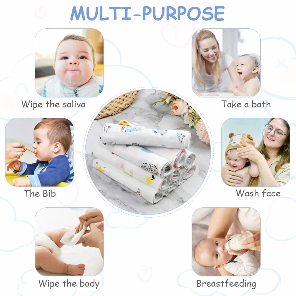Aolso Mussole Neonato Asciugamani Bambini 30x30cm Cotone 10 Pezzi