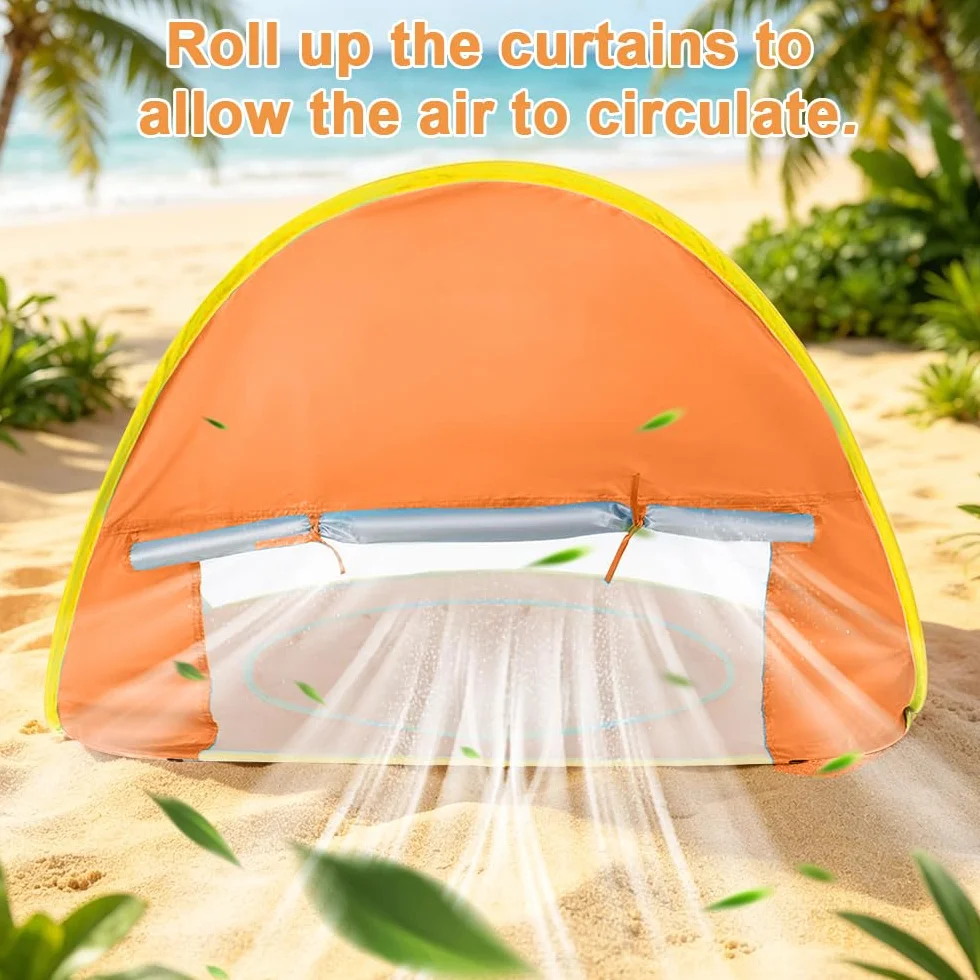 Tenda da Spiaggia Bambini Pop Up con Mini Piscina Protezione UV UPF 50+ Portatile Arancione