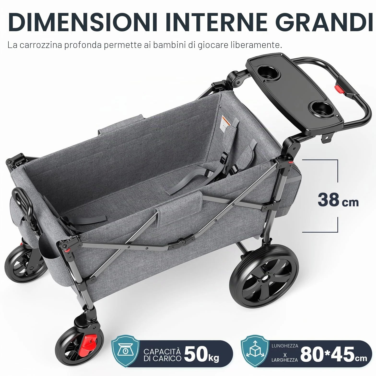 EVER ADVANCED Passeggino pieghevole per bambini con tetto, cintura di sicurezza 2x5 punti, carrello di trasporto con zaino, freno a pedale, capacità 50KG