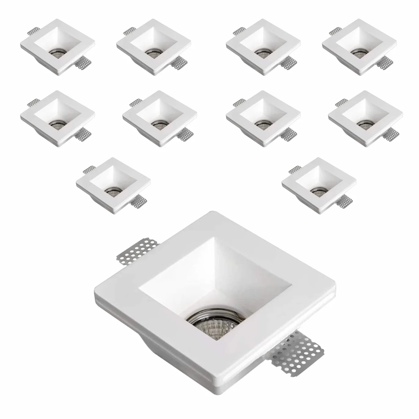 Eurekaled 10pz - Portafaretto Quadrato in Gesso CERAMICO da Incasso per GU10 e MR16 in cartongesso, Bianco
