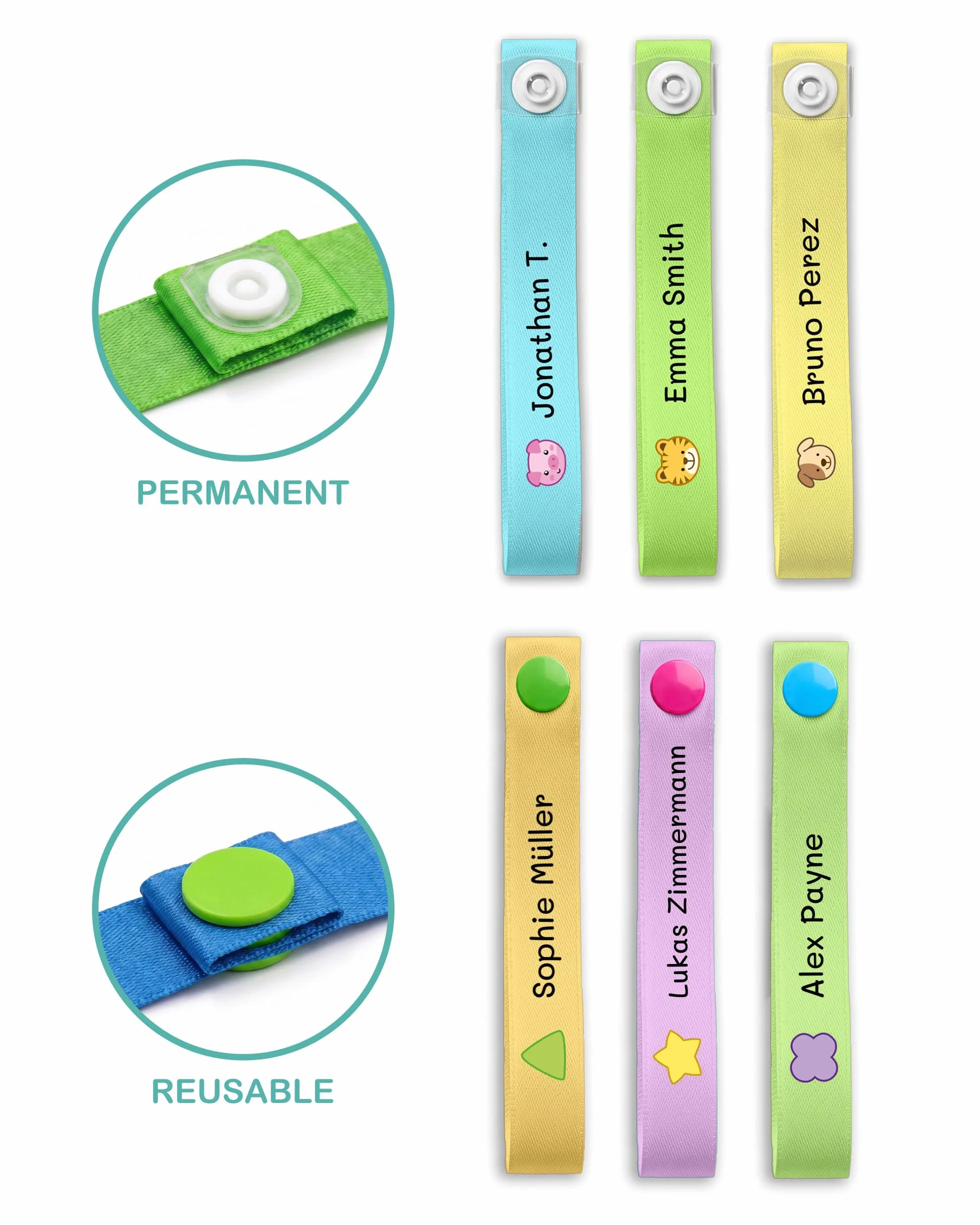ETIKIDS 6 Cinghie per Appendere Vestiti Bambini Personalizzate con Nome, Etichette in Tessuto per Giacche, Grembiuli e Zaini, Senza Cucire, Lavabili