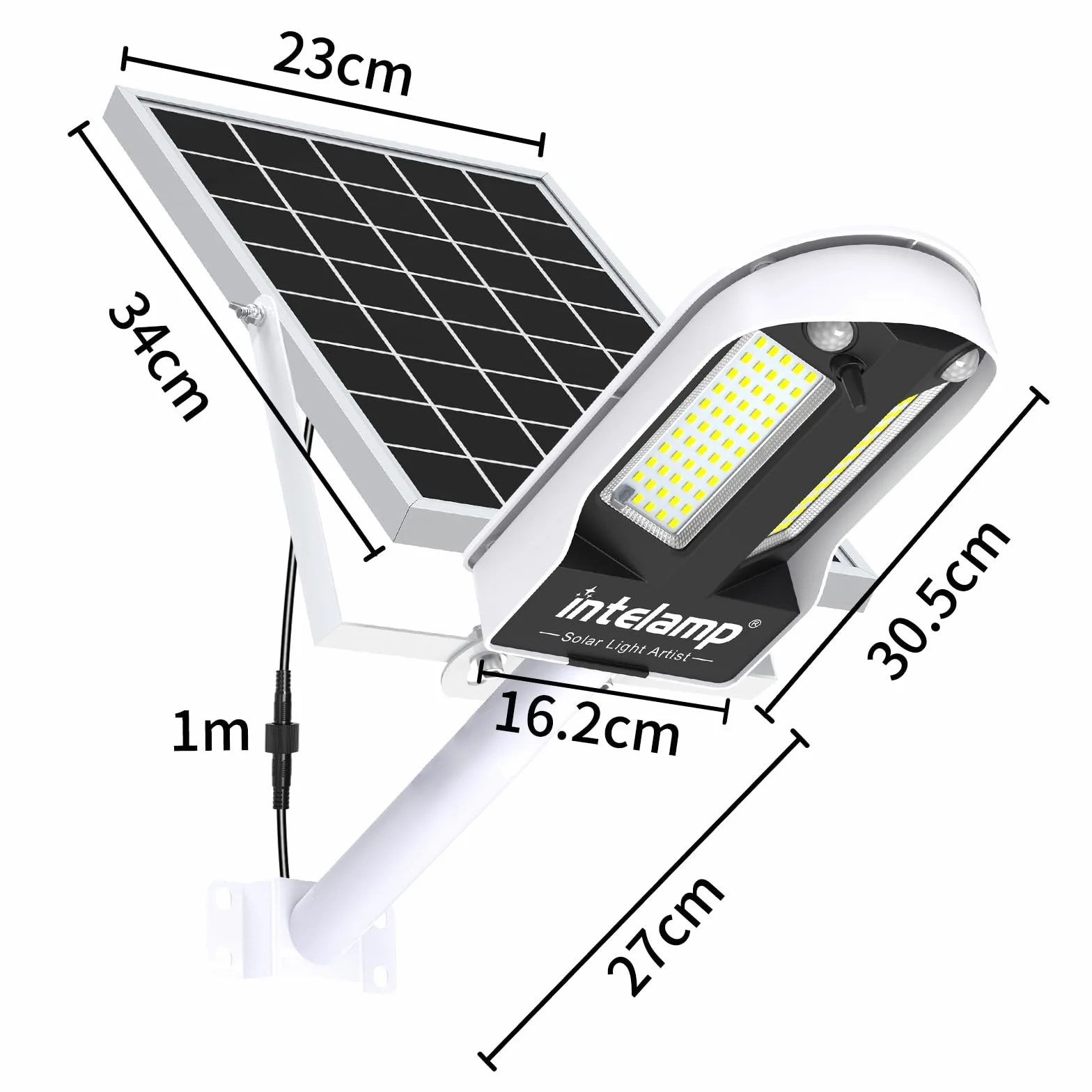 INTELAMP Lampione Solare LED Esterno, 12500mAh 3000LM Faro Con Pannello Solare da Esterno, IP65 Impermeabile Faretto LED con Sensore di Movimento, Luci da Esterno per Giardino, Terrazza, Garage