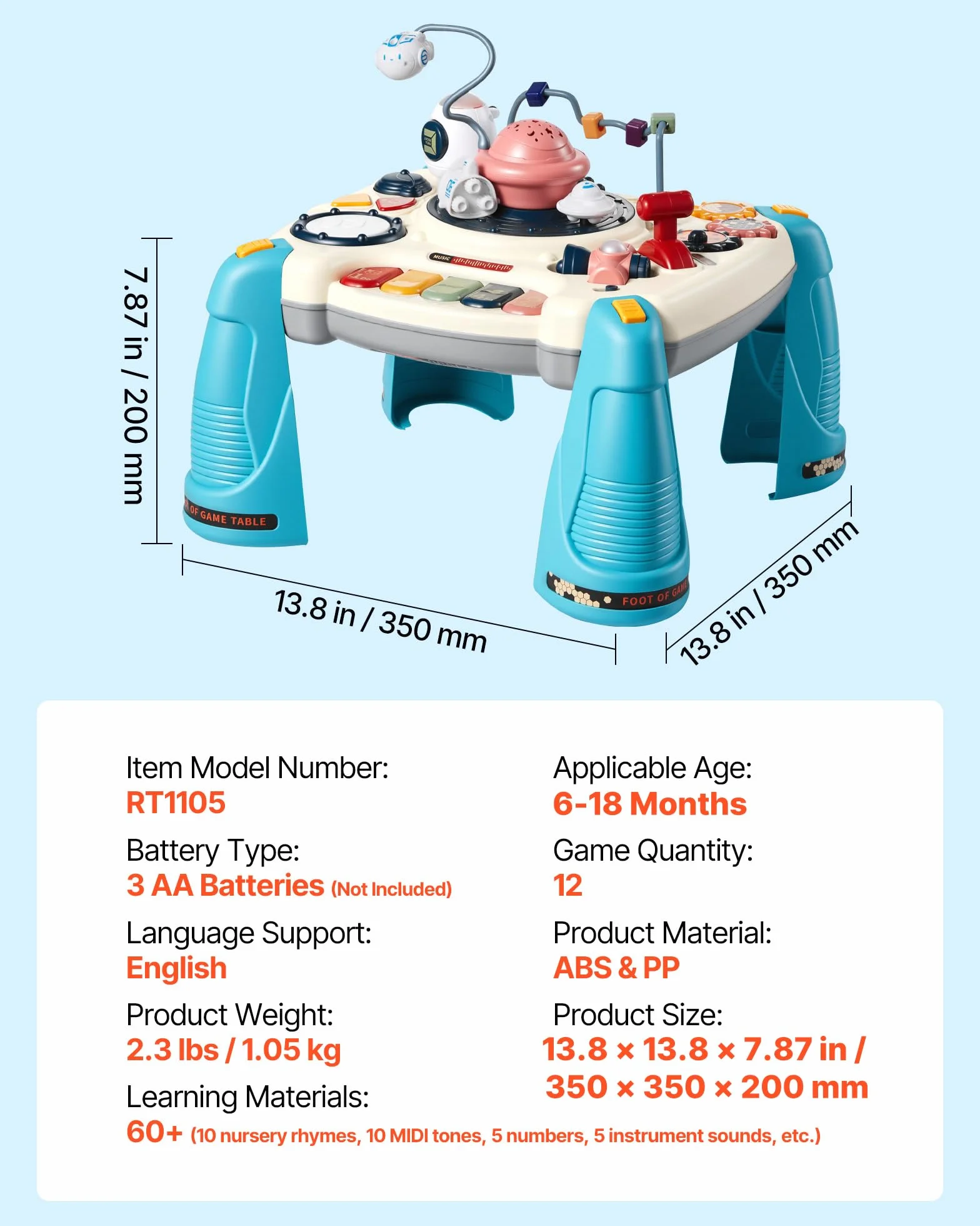VEVOR Tavolo Attività Giocattoli Bambini 12 Giochi Pianoforte Percussioni Scrivania Astronave 60 Sorgenti Sonore