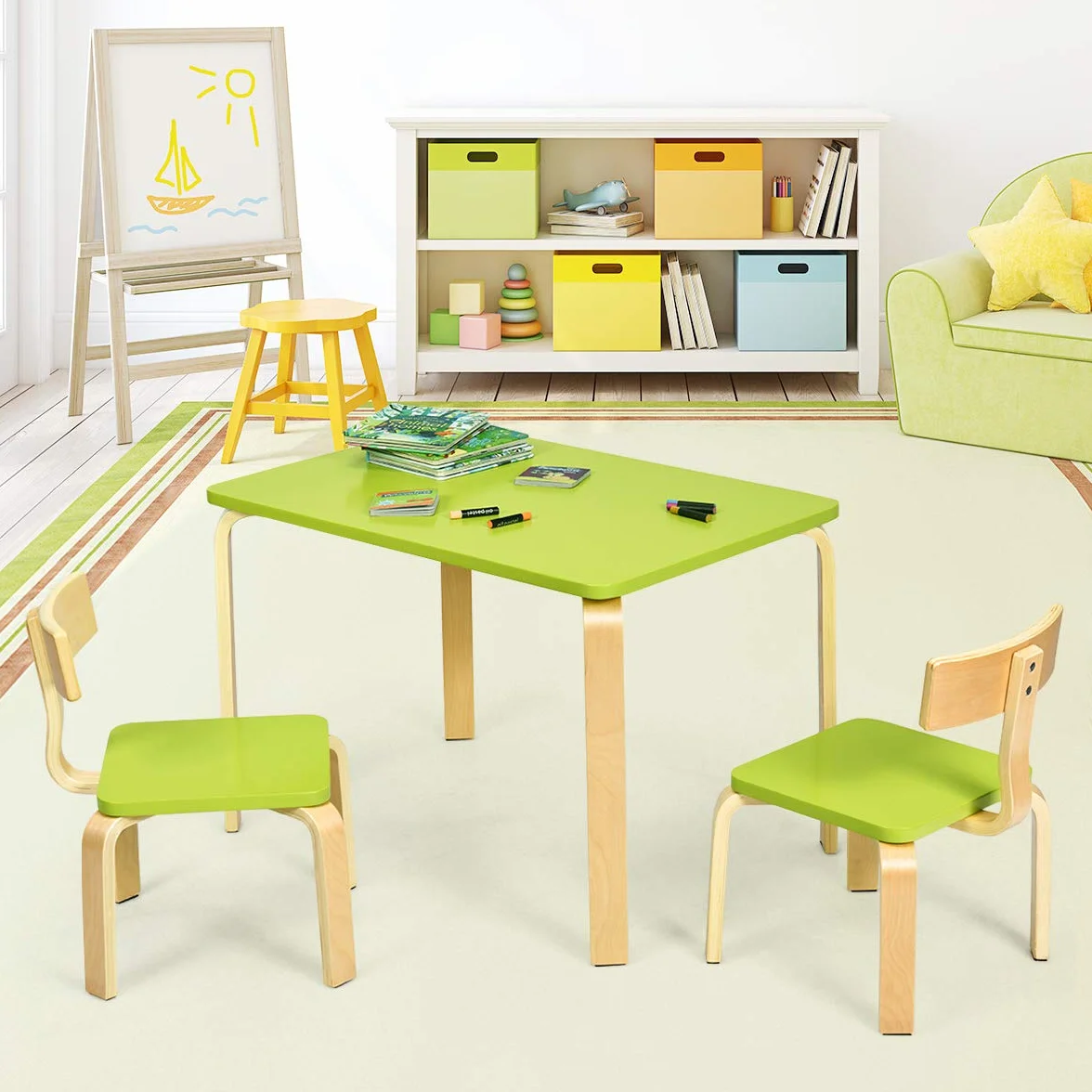 RELAX4LIFE Set Tavolo e 2 Sedie Bambini 3-12 Anni Legno Stabile Sicuro Design Ergonomico Multifunzione Giocare Mangiare Casa Asilo Verde
