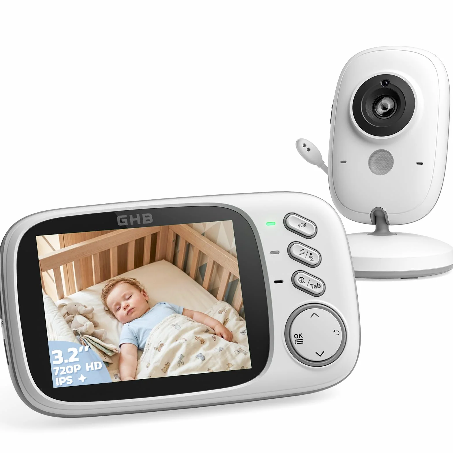 GHB Baby Monitor Video e Audio 3.2'', Telecamera Bambini con Monitor 1000mAh, Visione Notturna, Rilevamento Temperatura, Interfono Bidirezionale, VOX