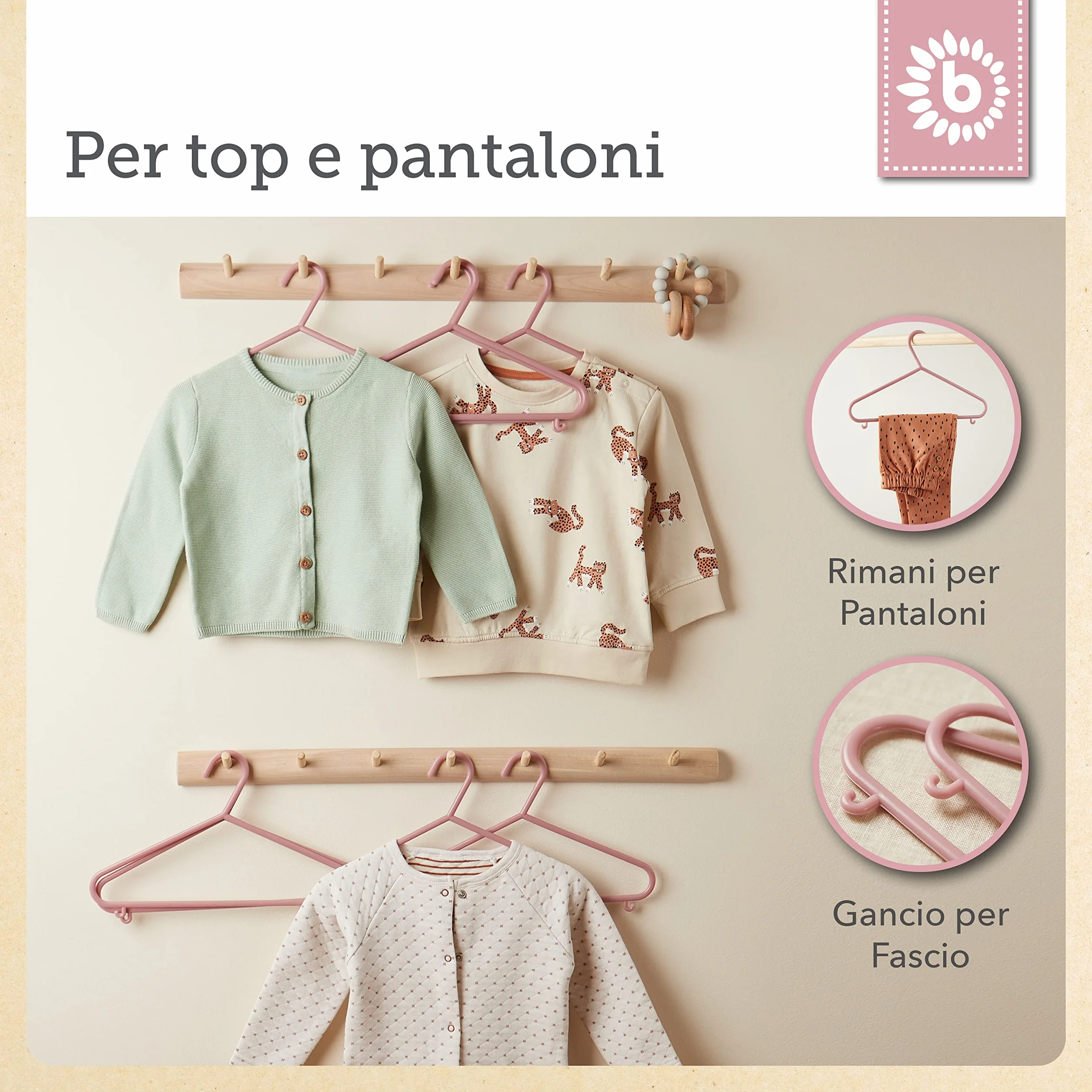Bieco Set di 8 Grucce Appendiabiti per Bambini, 29,5x18x4,7 cm, Rosa Antico