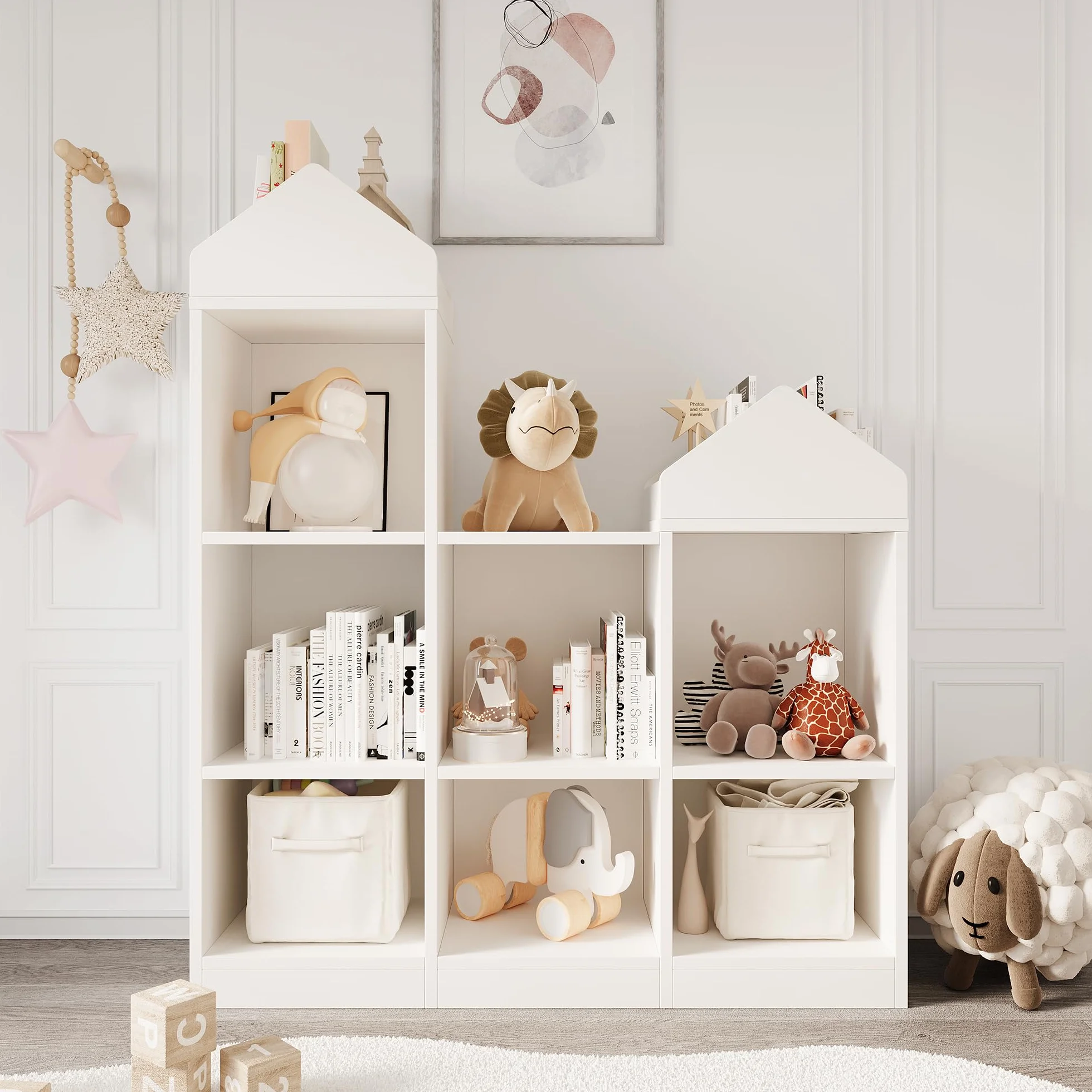 Litake Scaffale giocattoli bambini 9 scomparti 2 in 1 casetta libreria organizzatore bianco 92x30x108 cm
