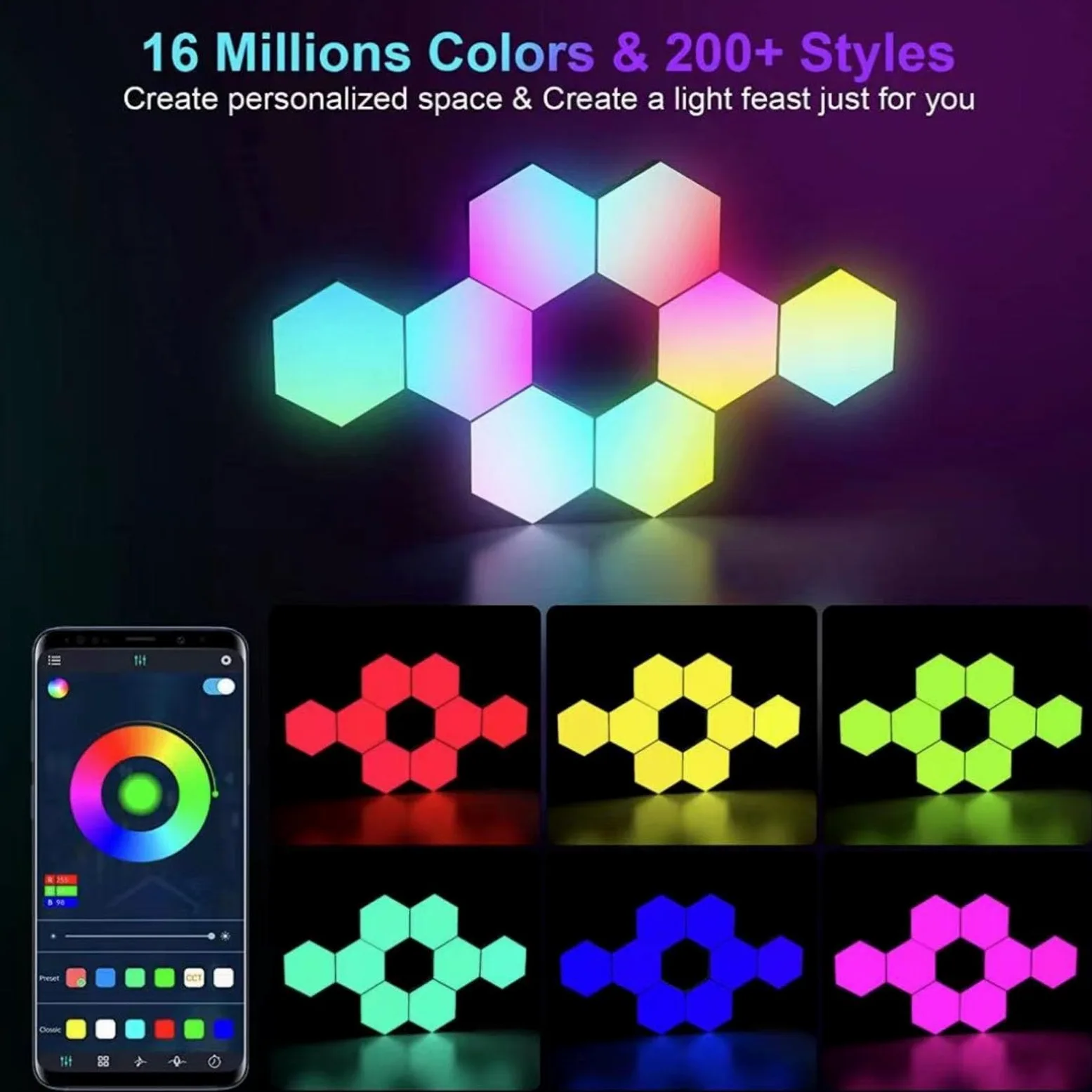Luci da Parete LED, Lampade Murali con Telecomando, 6 Pezzi for | Per Sala Gaming/camera/bar, APP Bluetooth+telecomando, Nastro Biadesivo, USB