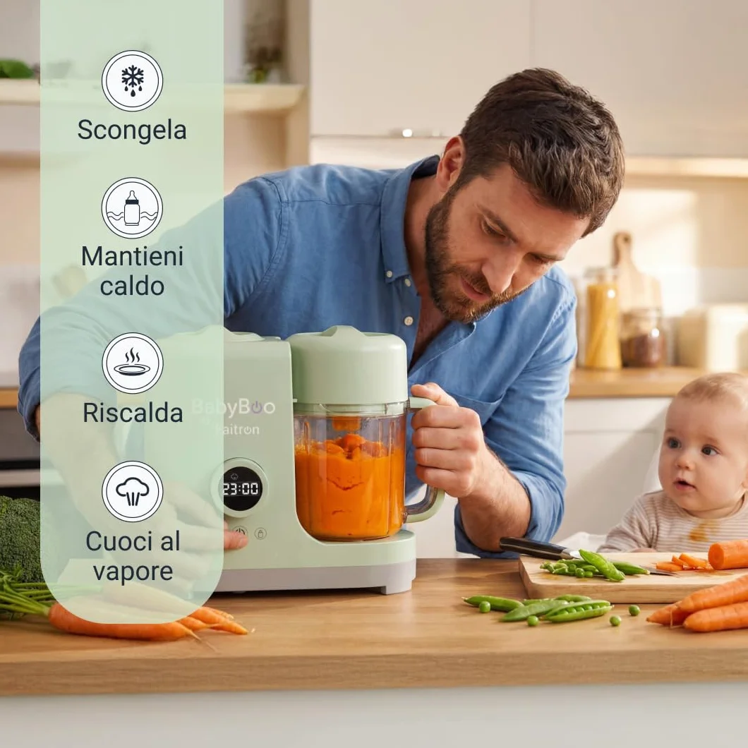 BABYBOO Robot Pappa 7-in-1 Cuoci a Vapore e Frulla 20 Minuti 300W Scaldabiberon Sterilizzatore Tritan Acciaio Inox Display Digitale