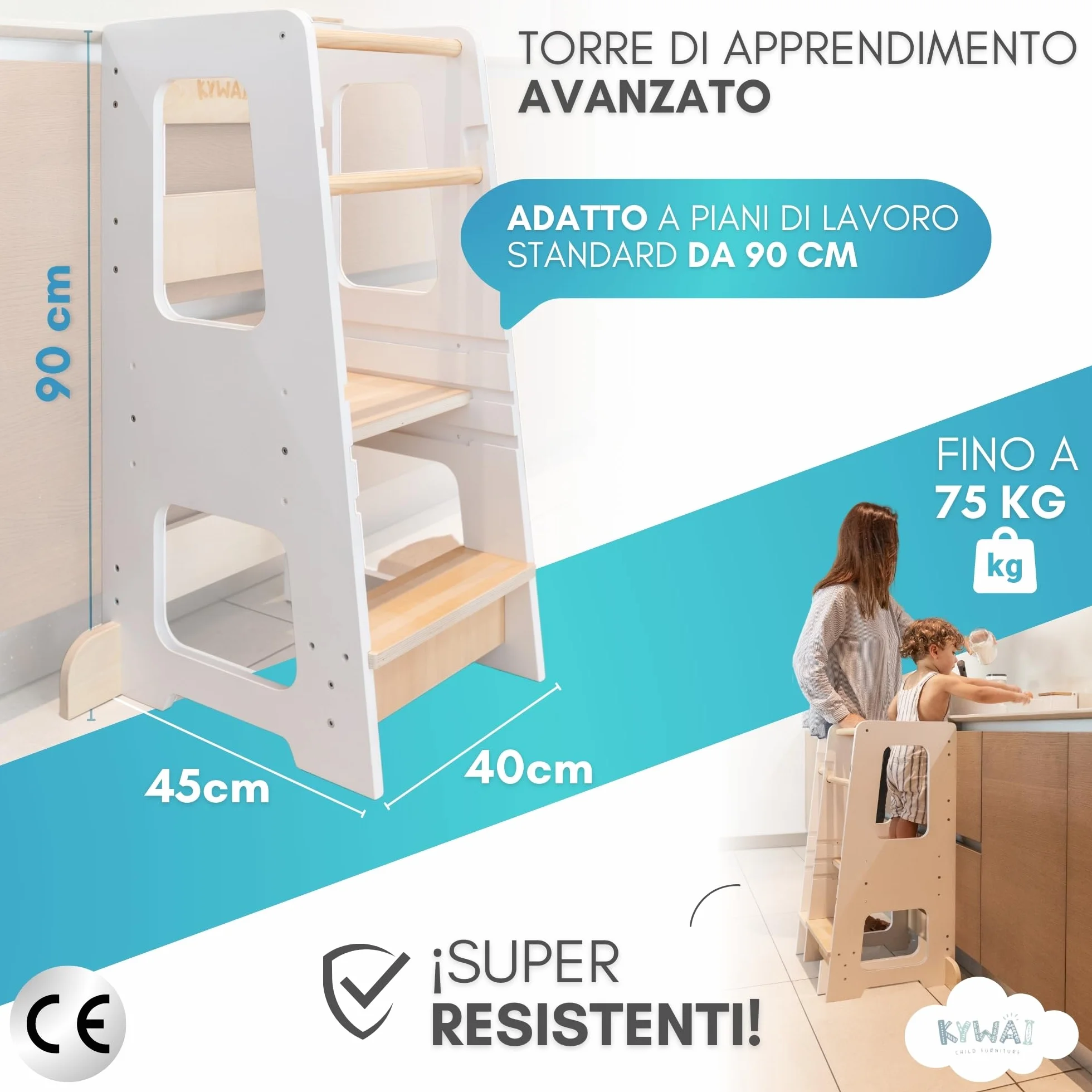 Torre Montessoriana Bambini Premium Legno Regolabile Altezza Doppia Barra Sicurezza Bianco