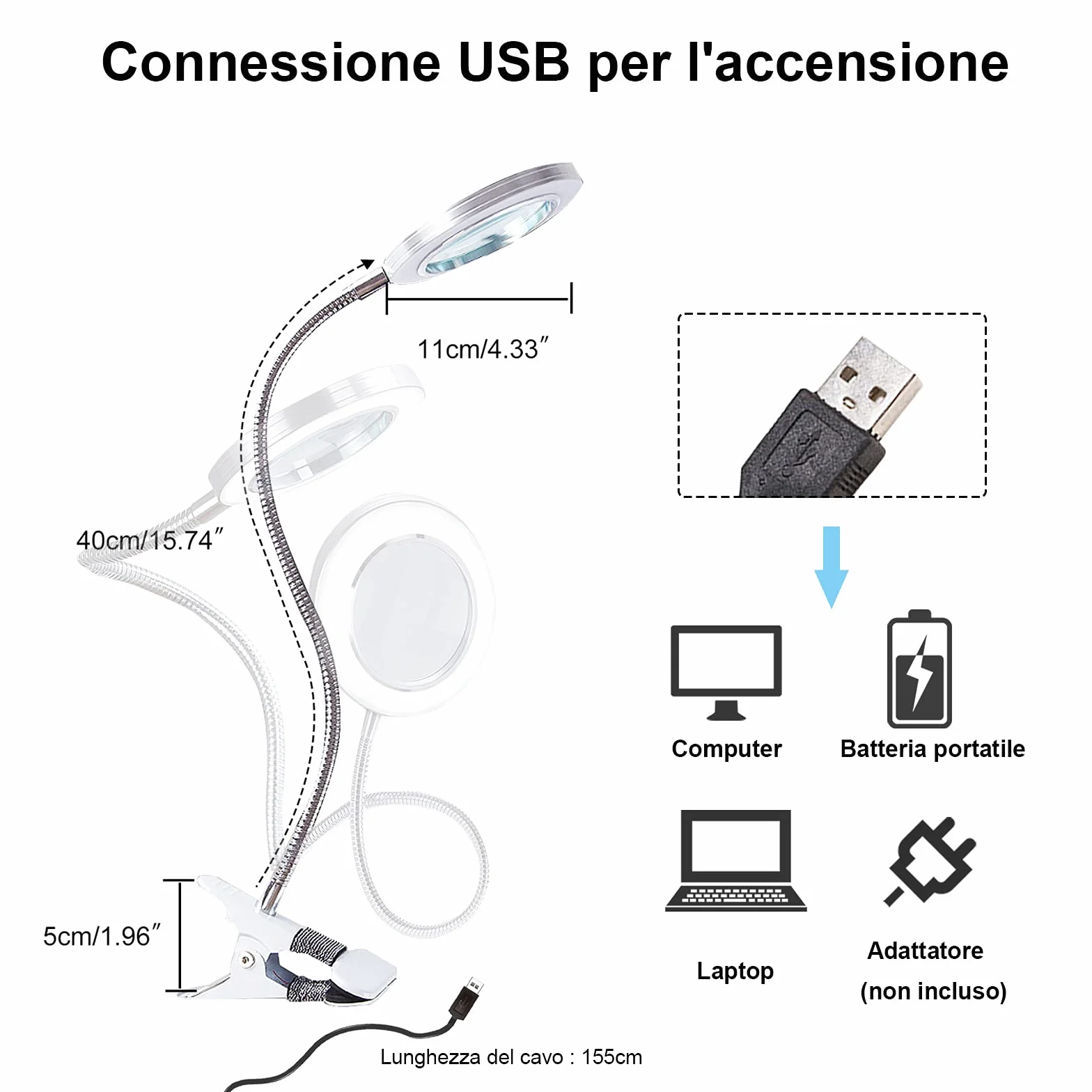 Lampada con Lente Ingrandimento, Lampada Estetista da Tavolo Dimmerabile LED USB con Pinza di Cigno Flessibile per Trucco Tattoo Nail Art Bellezza [Classe di efficienza energetica A+]