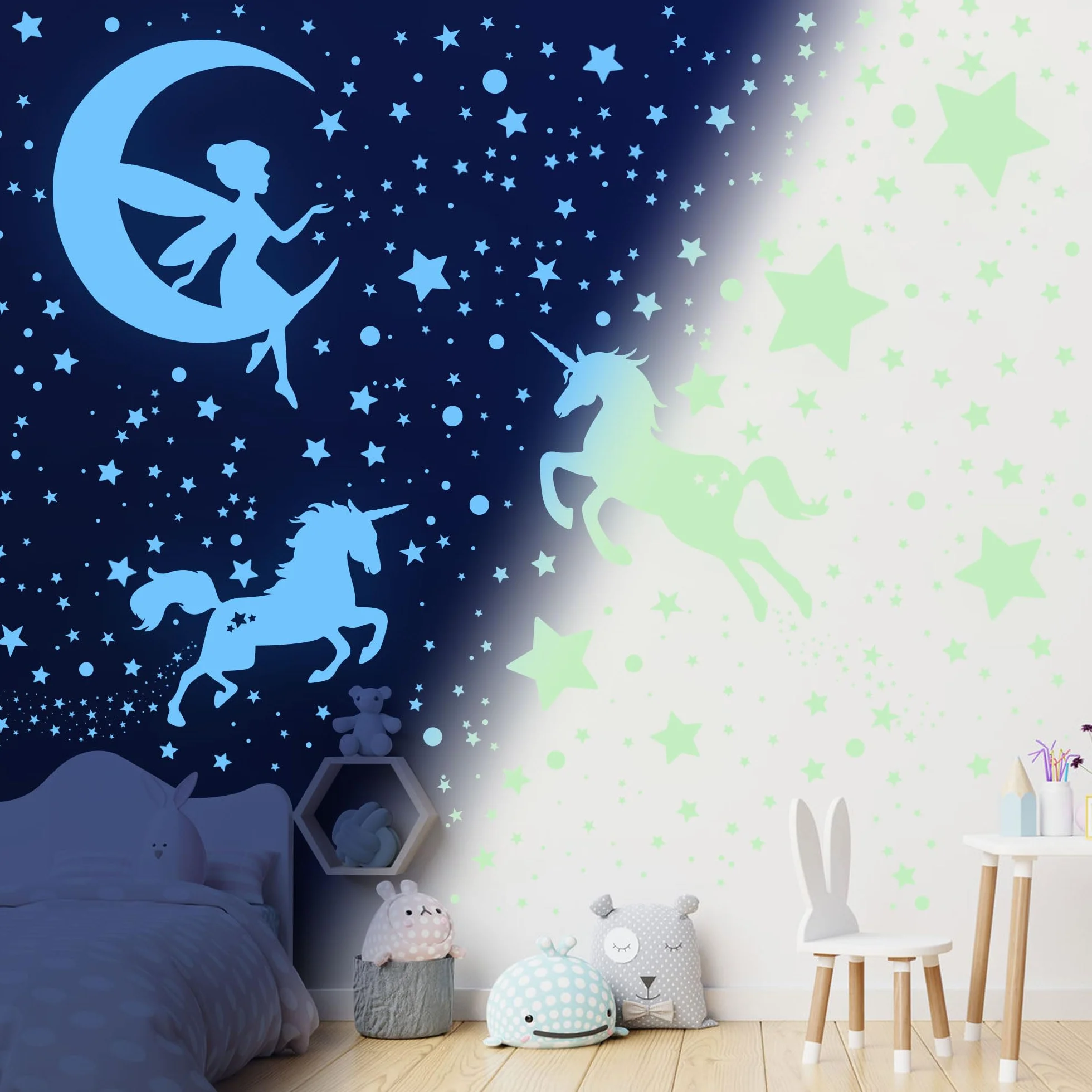 Adesivi Murali Fluorescenti Unicorno Stelle 585 Pezzi per Cameretta Bambine Soggiorno