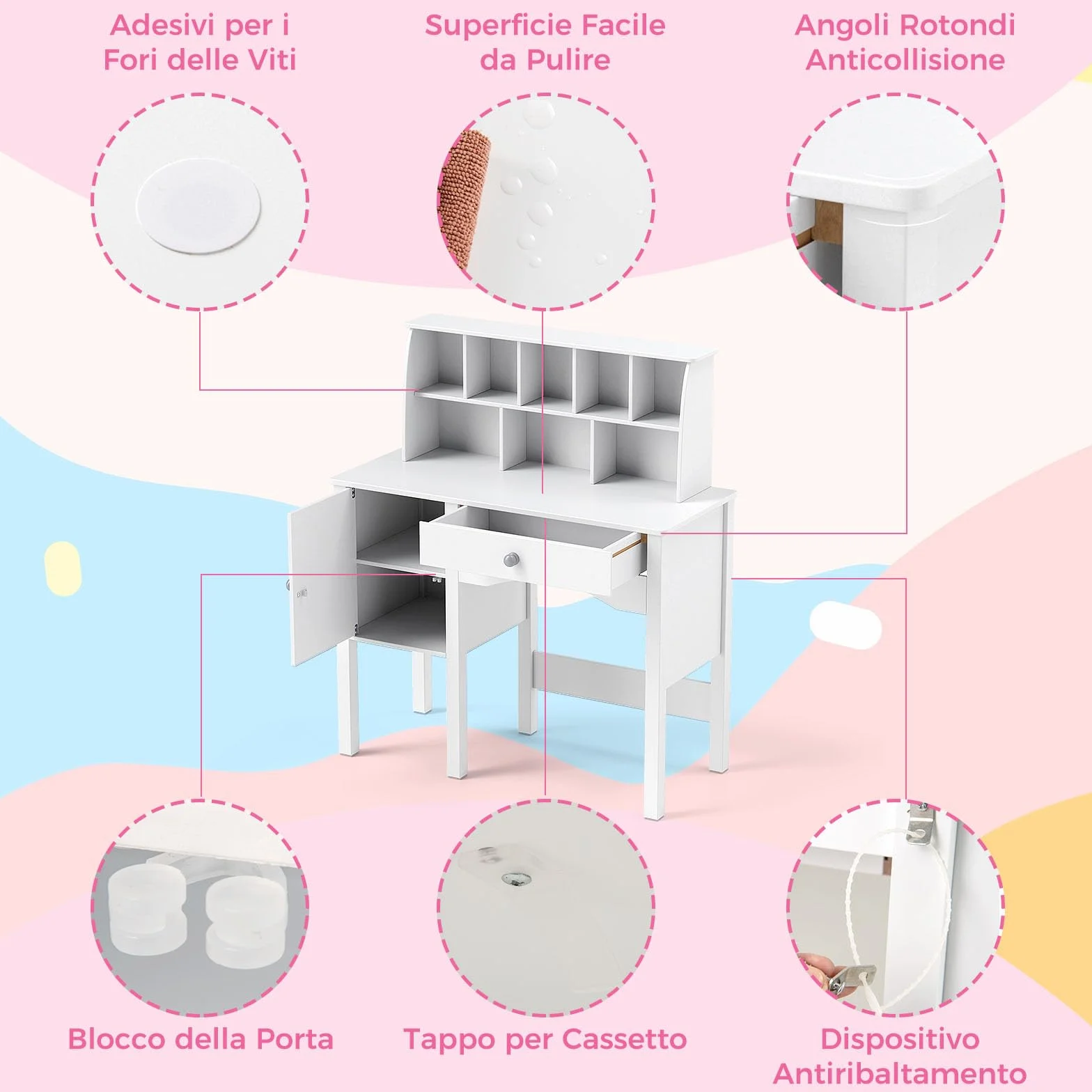 RELAX4LIFE Set Tavolo e Sedia per Bambini, Scrivania da Studio con Scaffale e Armadio, Bianco