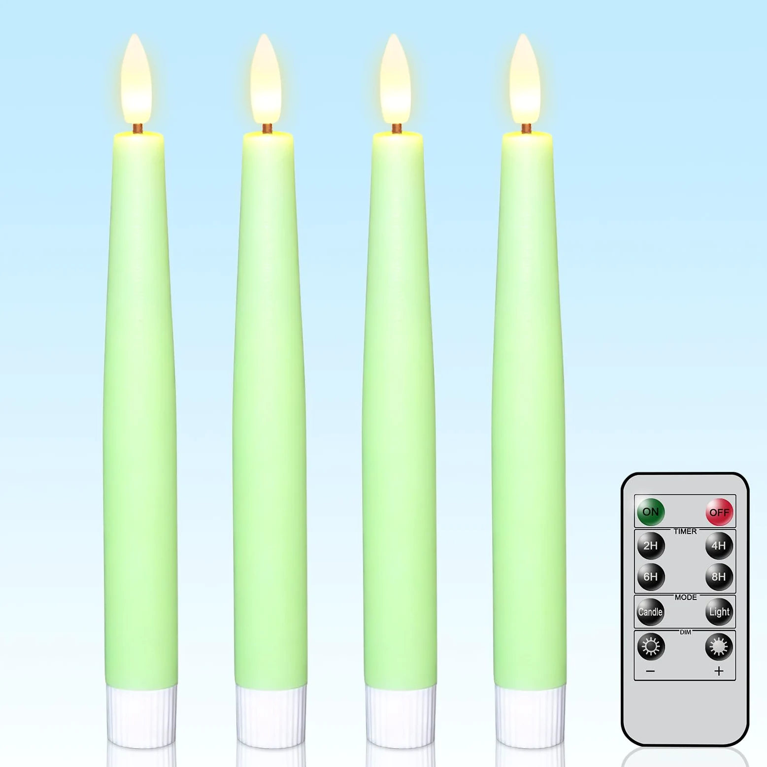 Candele coniche verdi senza fiamma, a LED tremolanti, a batteria, con timer remoto, 4 candelieri senza fiamma per decorazioni primaverili per matrimoni e per la casa (D0,78 "x H8,2,5 cm)