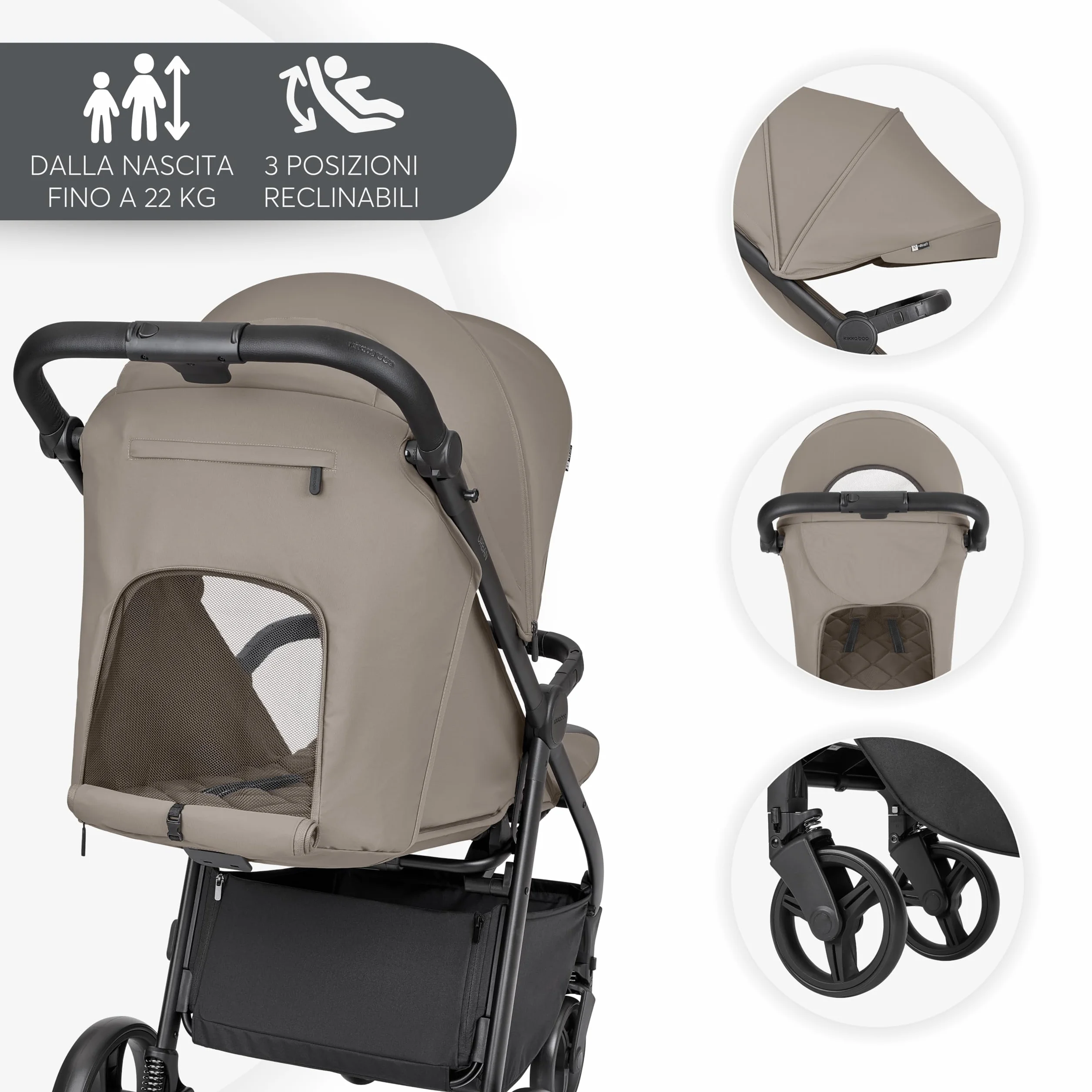 KikkaBoo Passeggino Leggero da Viaggio URBAN, 0+ Mesi fino 22 kg, Pieghevole Automatico, Beige