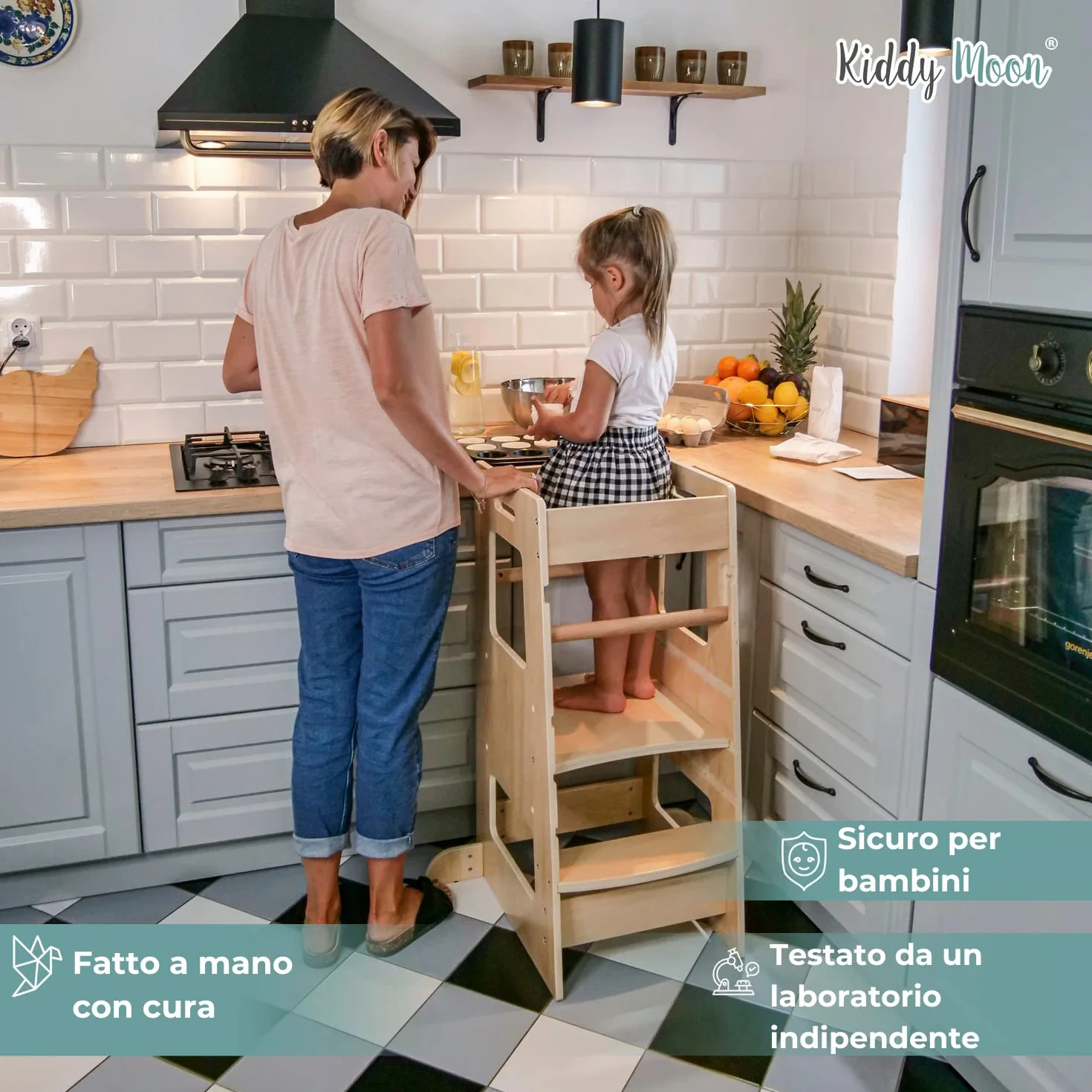 KiddyMoon Torre Montessori Bambini, Learning Tower Cucina, Pedana Regolabile 3 Altezze, Bianco