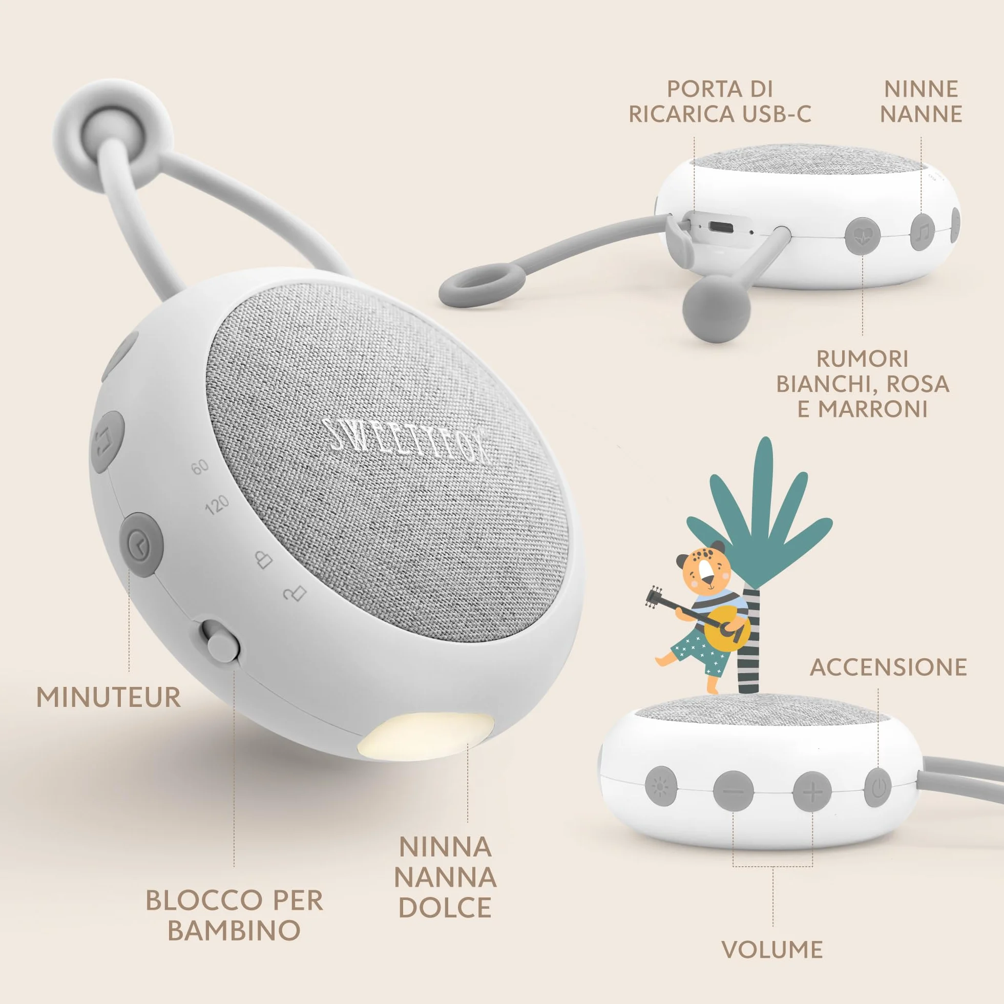 Sweety Fox Rumori Bianchi per Neonato - Bianco - Ninna Nanna, Luce Notturna, 15 Suoni, Ricaricabile USB