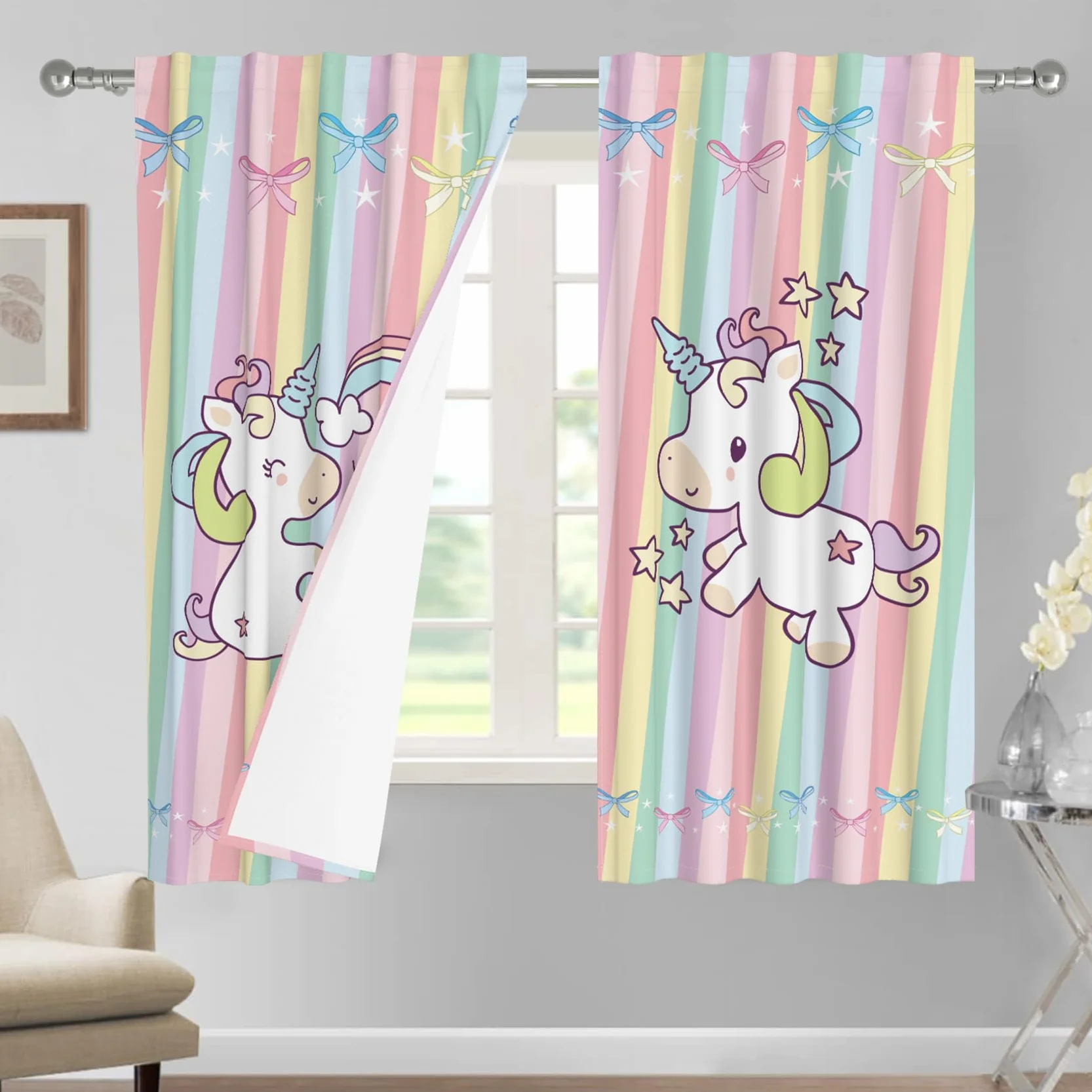 Tende Rosa 2 Pannelli 107x160cm Strisce Colorate Arcobaleno per Bambini Ragazze Cameretta