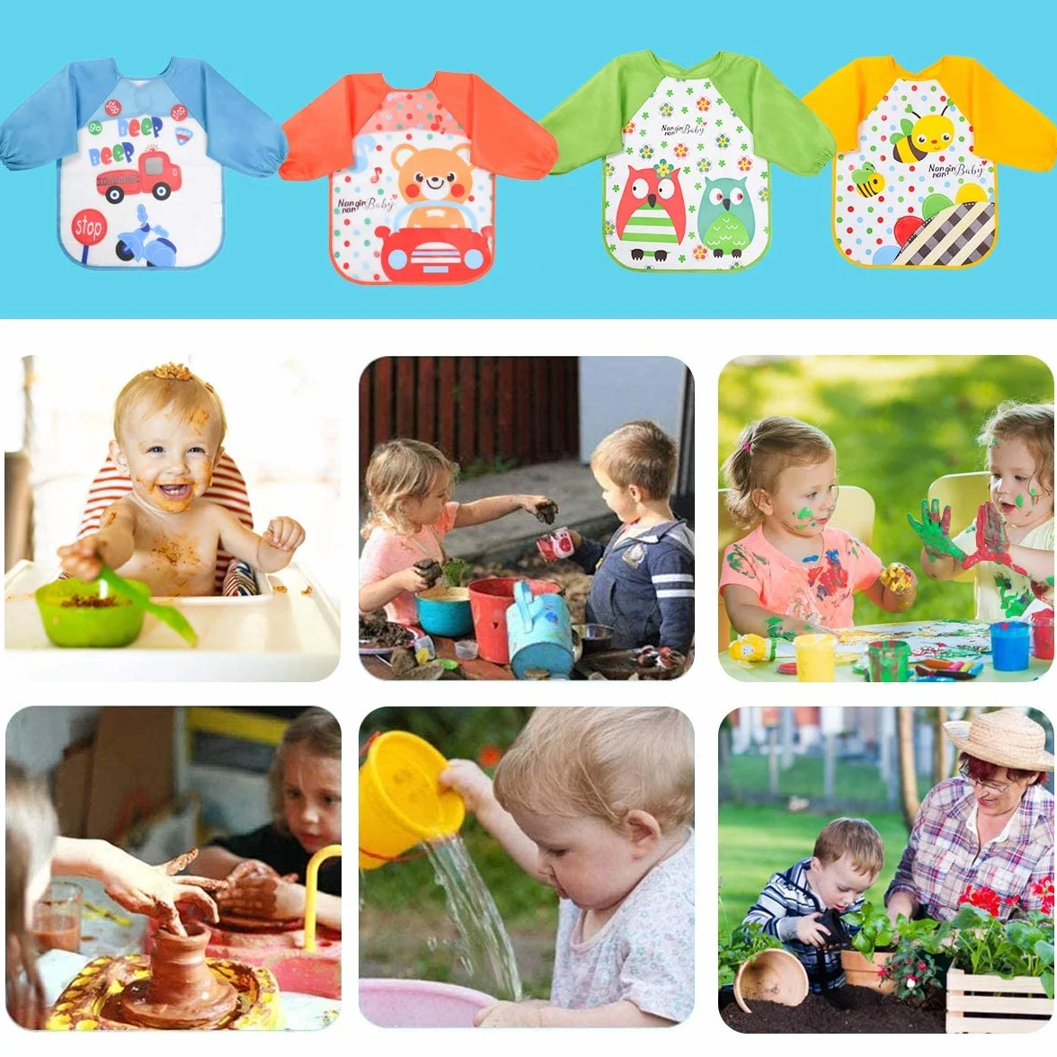Vicloon Bavaglini con Maniche 4 Pezzi Impermeabile per Bambini 6 Mesi-3 Anni