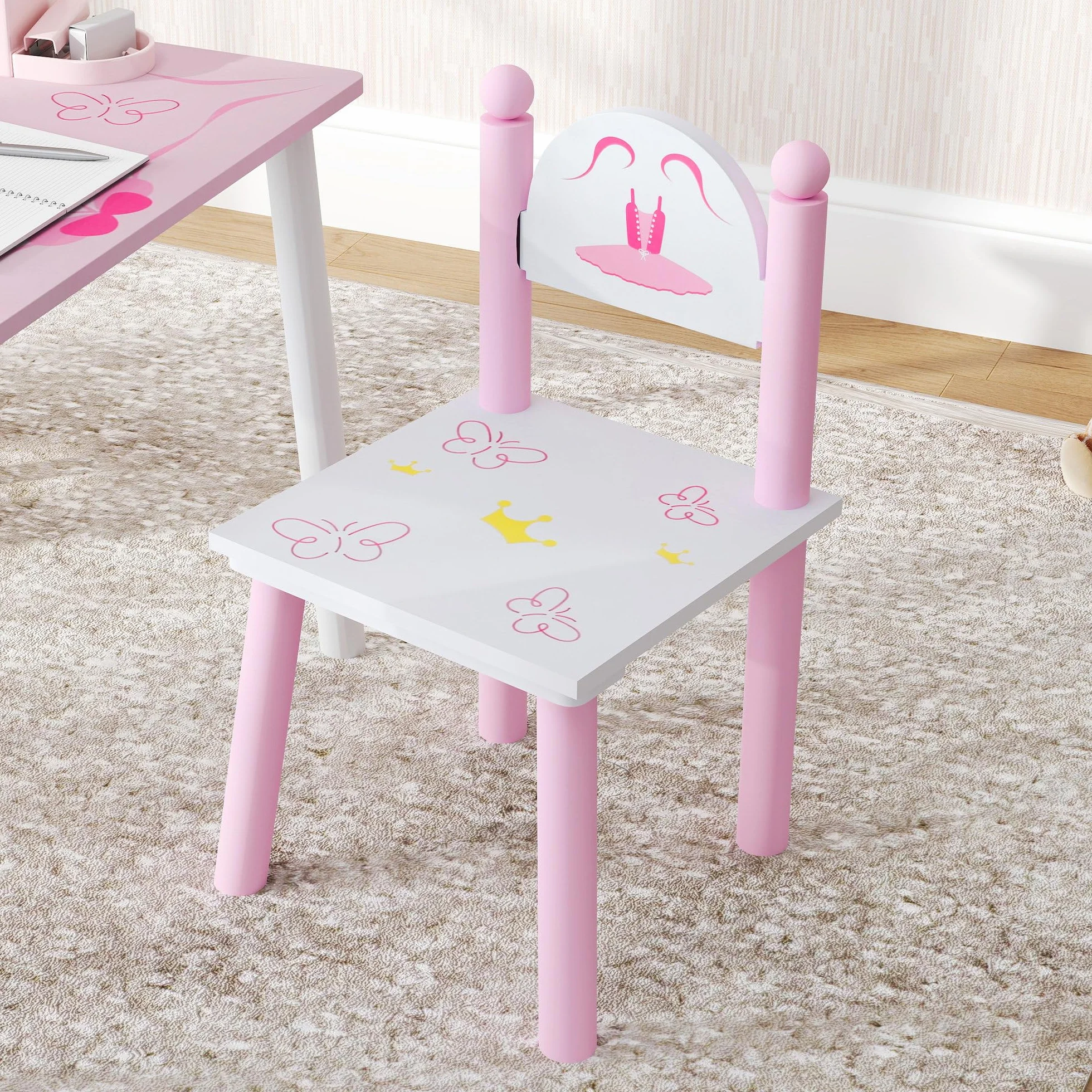 AIYAPLAY Tavolo e sedie per bambini 3 pezzi stile principessa Rosa e bianco