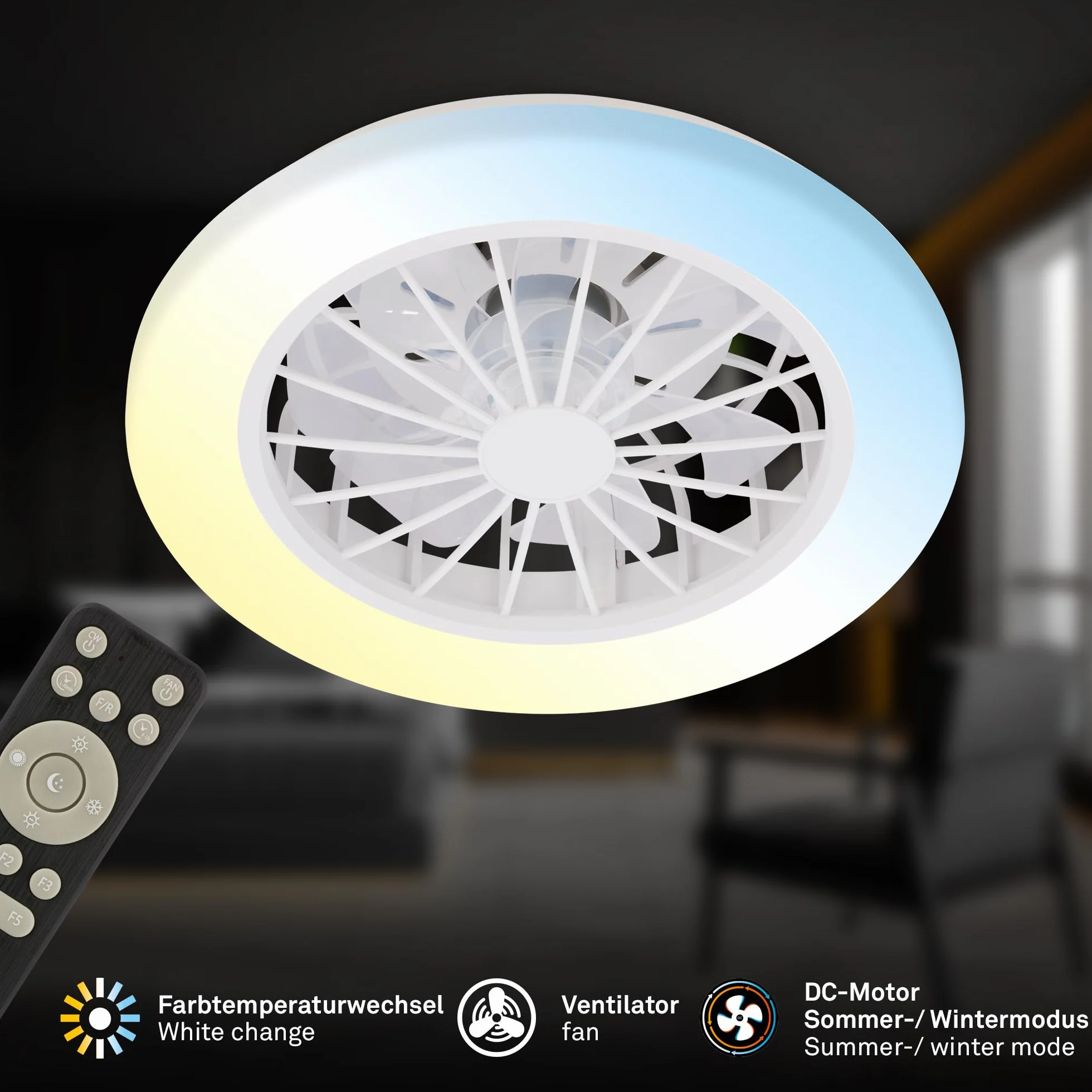 BRILONER - Ventilatore da soffitto con luce LED, telecomando, motore DC silenzioso con 5 velocità, CCT e luminosità regolabile, lampadario ventilatore da soffitto, lampadario, 38 cm, bianco