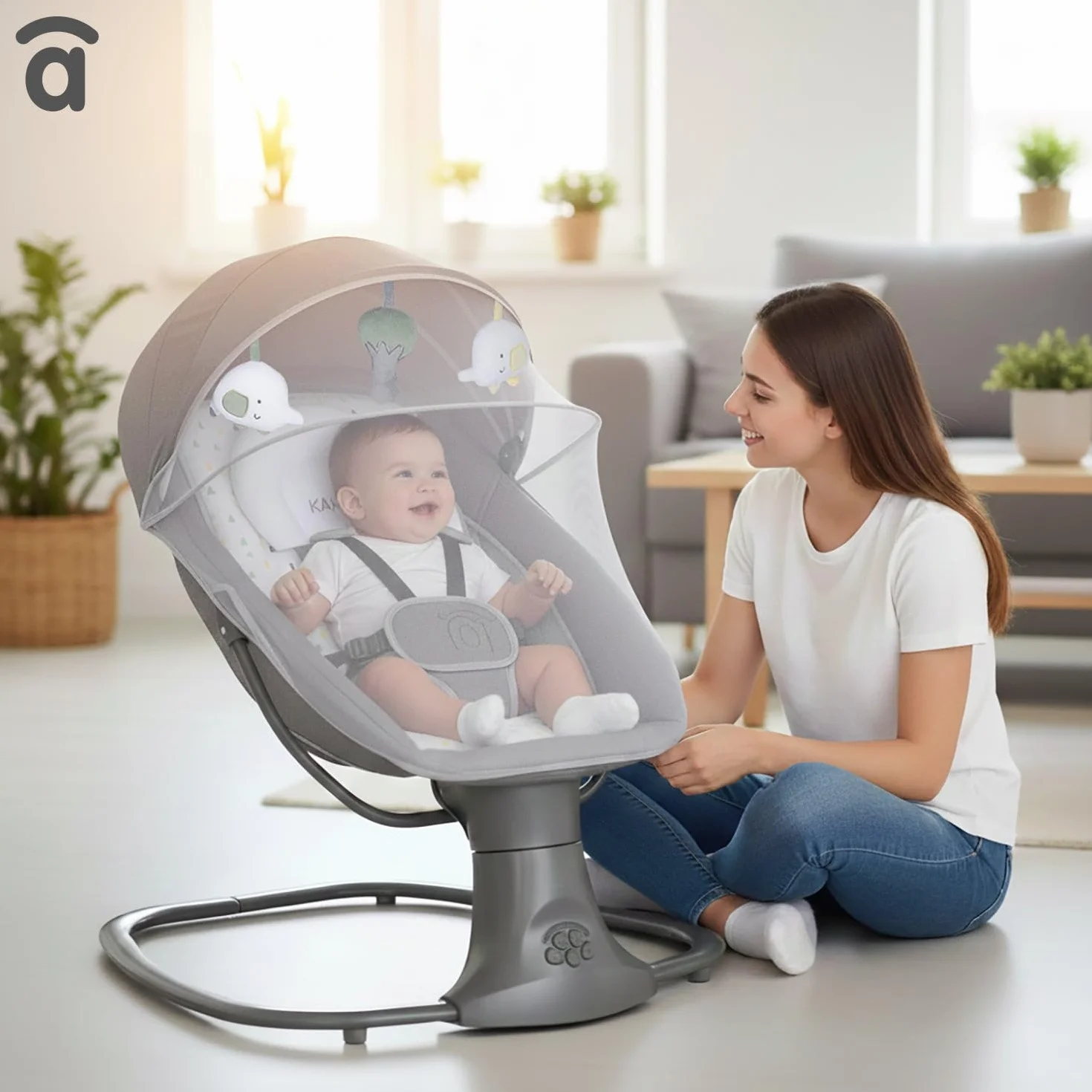 Amaca a dondolo con musica Bluetooth oscillazione automatica 5 livelli tettuccio zanzariera giocattolo poggiatesta 0 mesi 9 kg tessuto lavabile