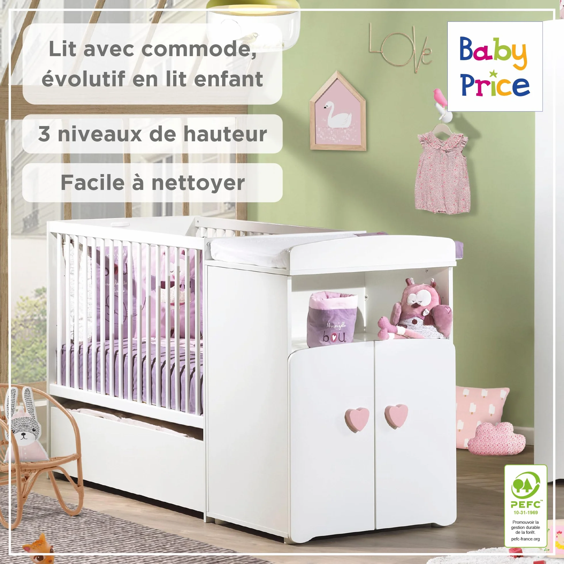 Letto evolutivo per neonati combinato Baby Price New Basic con pomelli