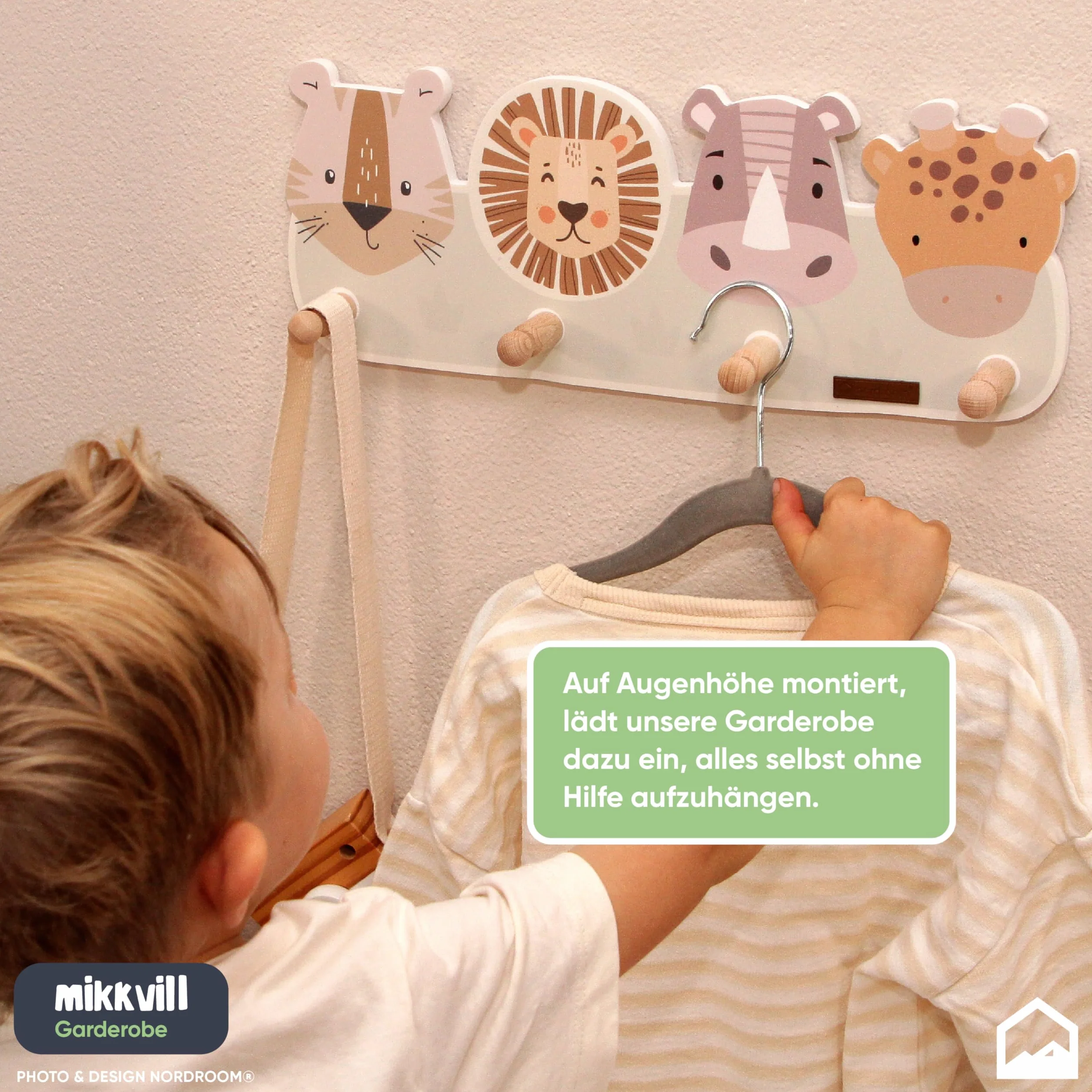 Mikkvill Armadietto per bambino con 4 ganci Appendiabiti da parete in legno motivi animali