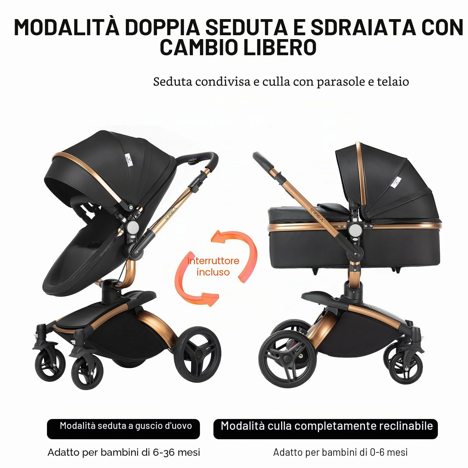 Magic ZC 360° Girevole Pelle PU Passeggino Trio 3 in 1 Reversibile a Due Vie per Neonati con Accessori (906 Black)
