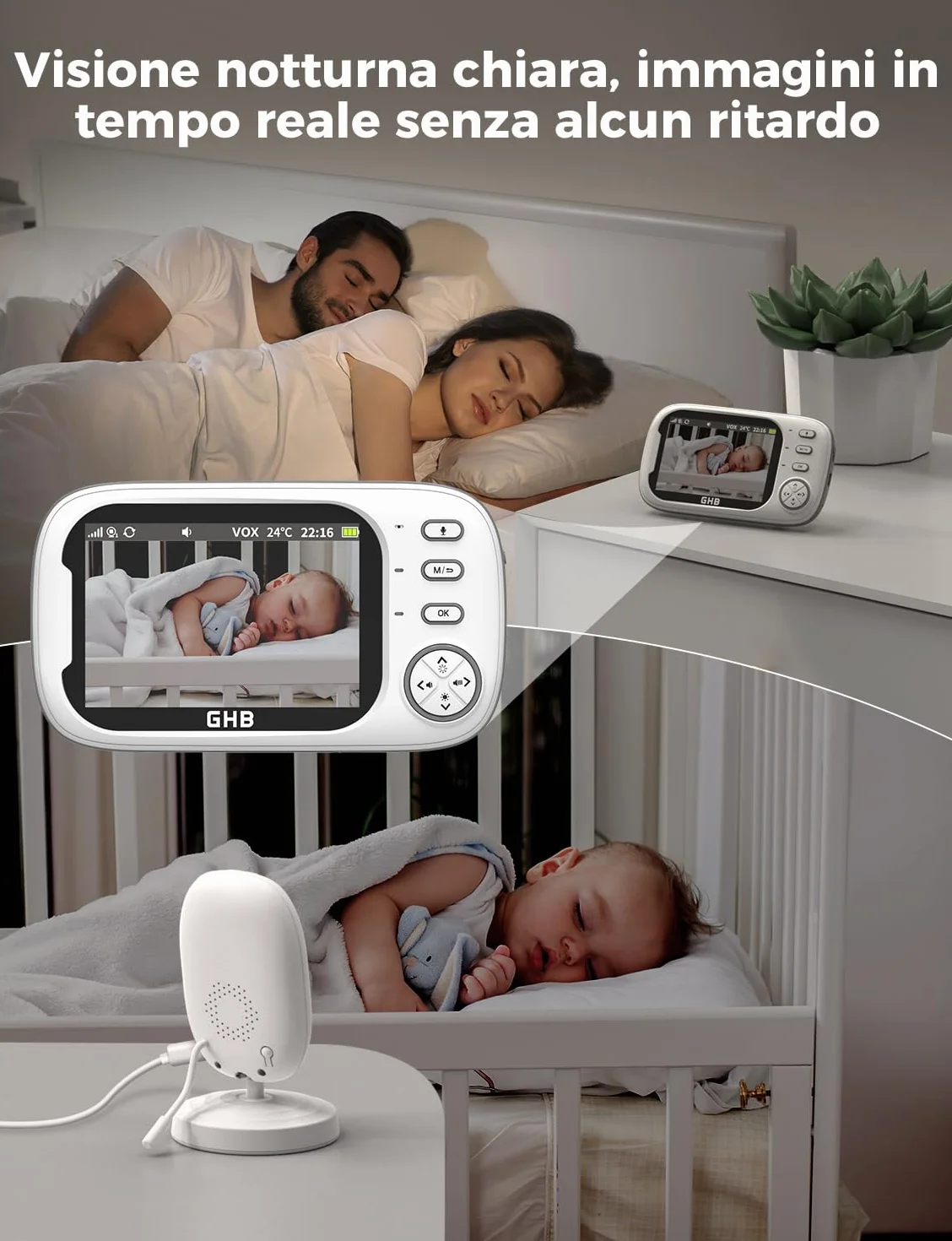 GHB Baby Monitor 3.5'' 720HD Kamera z Audio, 2000mAh, Komunikacja Dwukierunkowa, VOX, Nocne Widzenie, Monitorowanie Temperatury