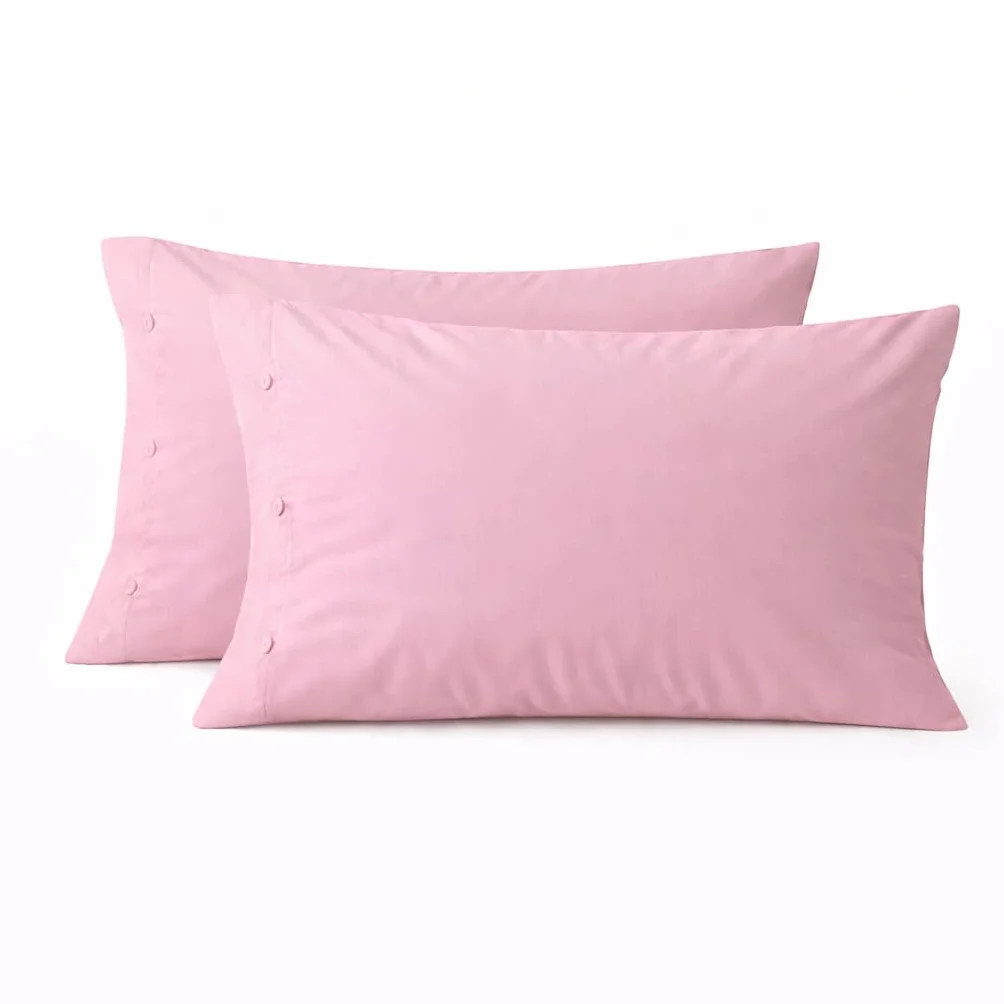 Set 2 Pezzi Federe Cuscino 52x82 cm con Bottoni in Cotone 100% Lavabile Rosa Confetto