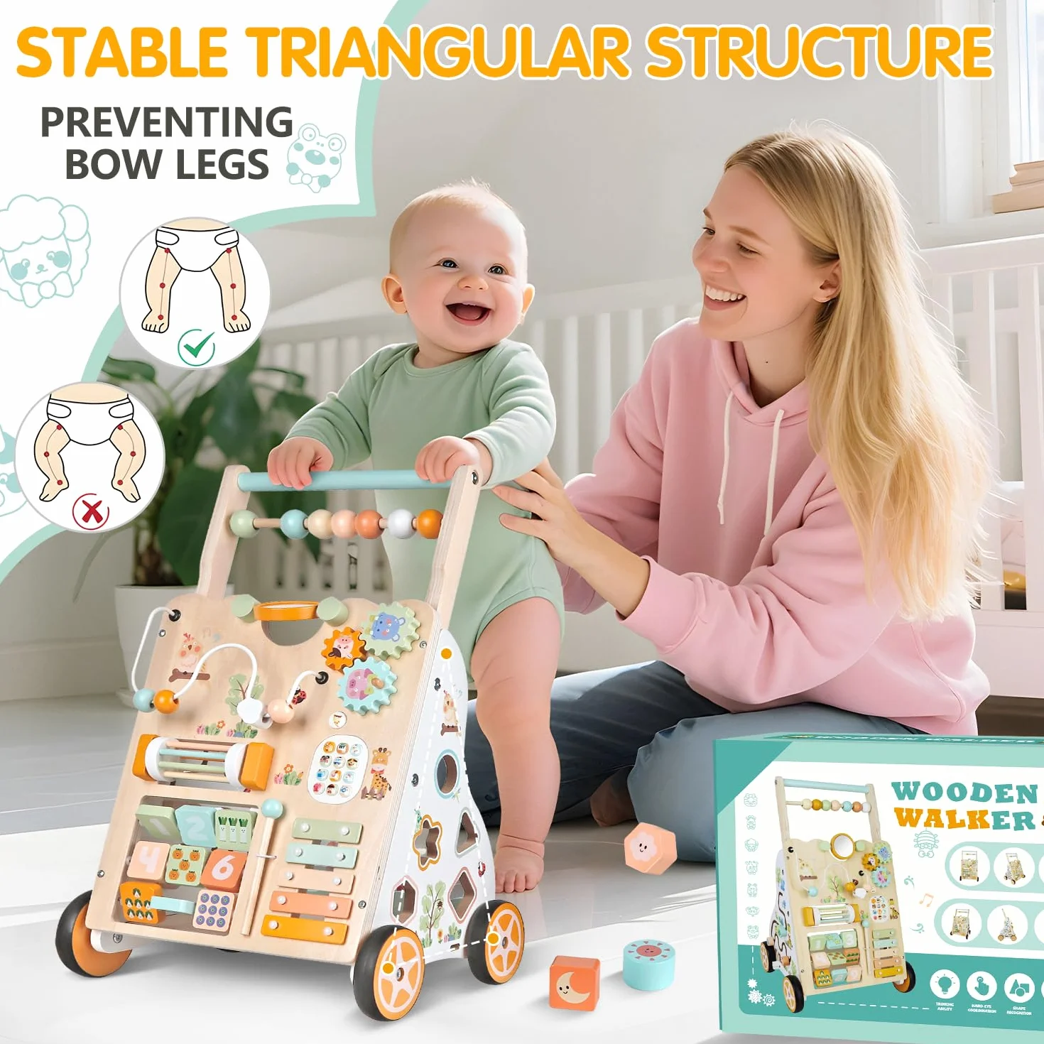 Carrello Primi Passi in Legno Montessori Girello con Centro Attività Altezza e Velocità Regolabili per Bambini 12+ Mesi (Naturale)