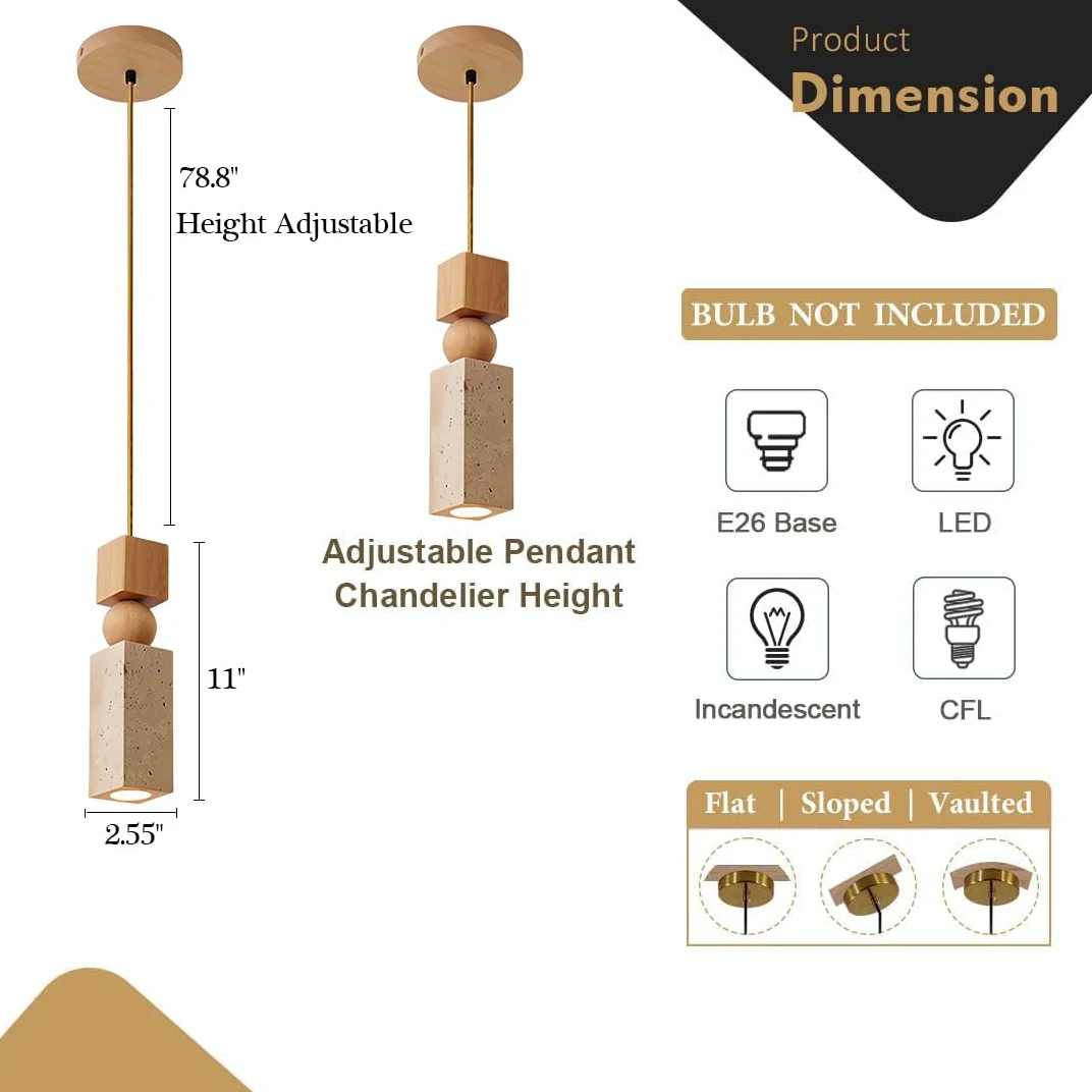 Lampadario a sospensione in pietra naturale nordica in gialla, lampada a moderna in legno for isola cucina, sala da pranzo, comodino, ristorante, bar, camera letto(Square)