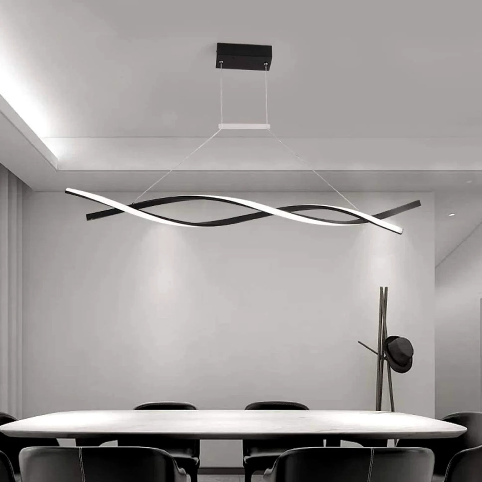 Lampada a Sospensione a LED con Design a Onda, lineare e Regolabile, Stile Nordico, Moderna, a Spirale, per Cucina, Isola, Tavolo da Pranzo, Soggiorno, Nero + dimmerazione Continua, 80 cm