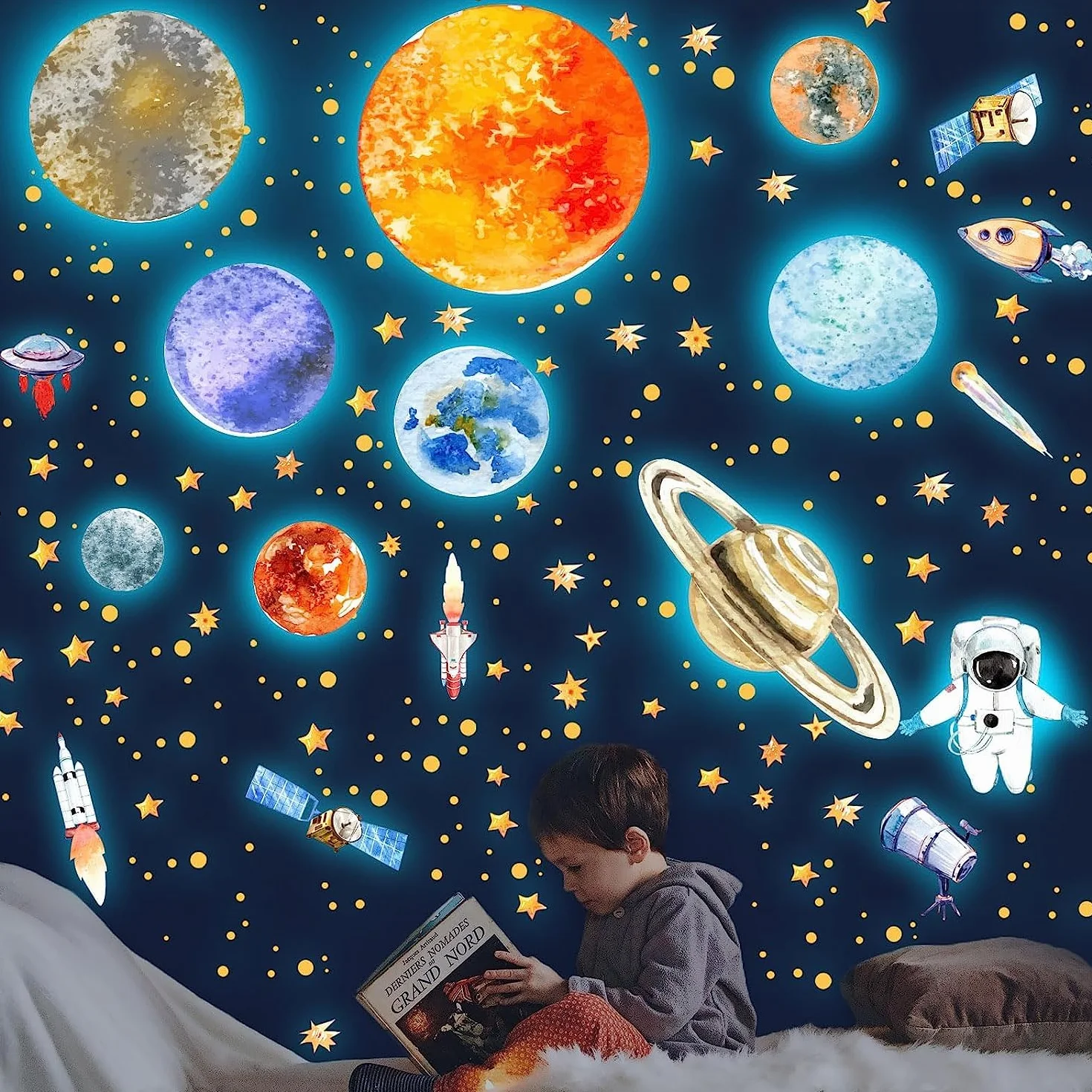 Adesivi da Parete Fluorescenti Stelle Astronauta Pianeta Spazio Murali Sistema Solare Decorazione Camera Bambini Blu